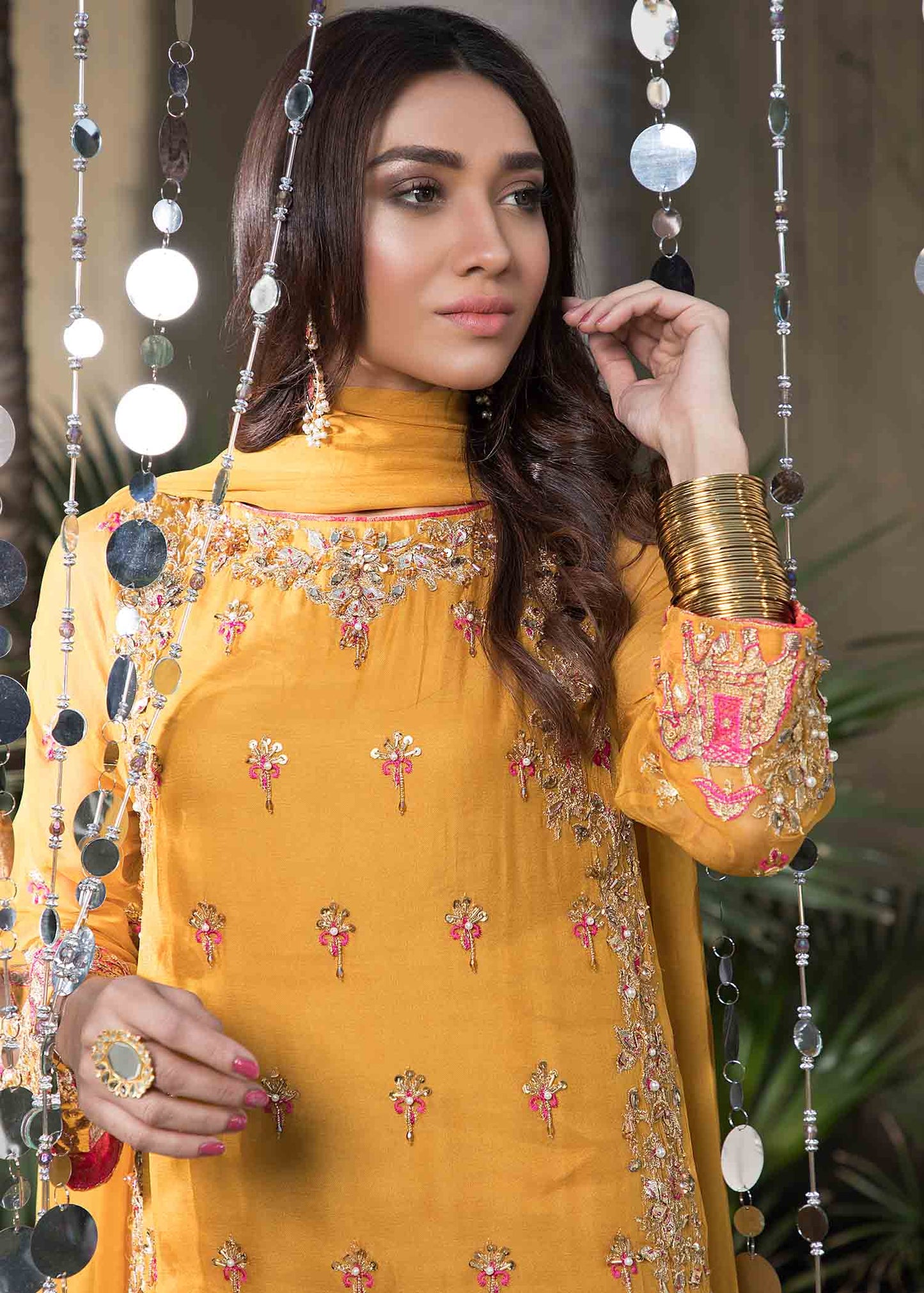 Festive Handcrafted Mustard Chiffon Pakistani Outfit Online in Sri Lanka India Australia
