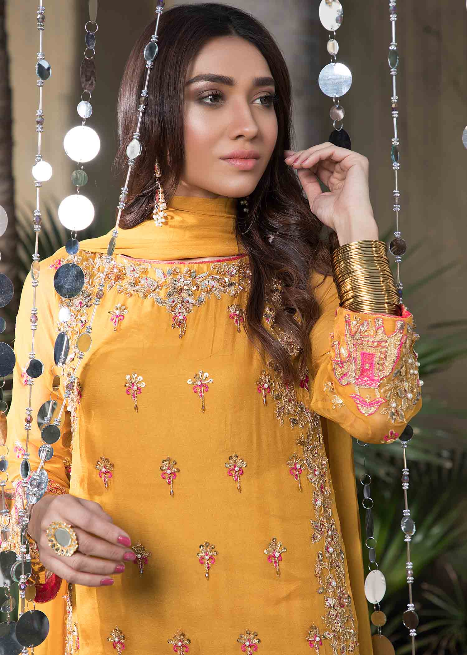 Festive Handcrafted Mustard Chiffon Pakistani Outfit Online in Sri Lanka India Australia