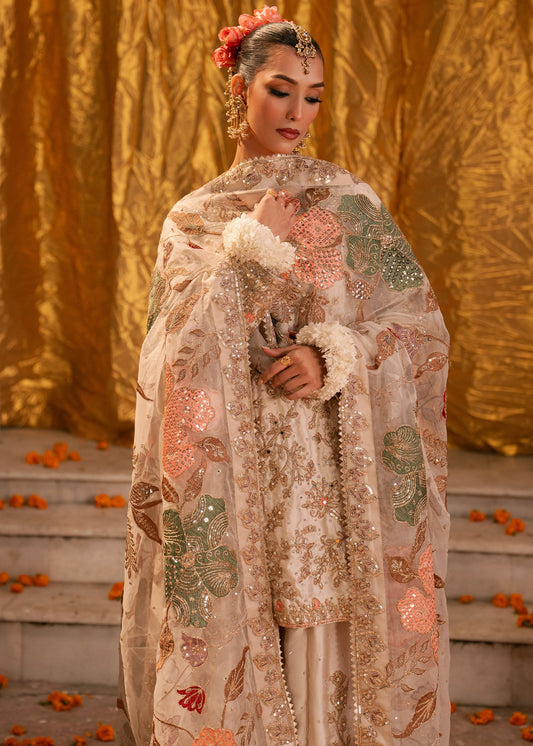 Festive Ivory Embroidered Net Dupatta Sharara Online in Sri Lanka India Australia