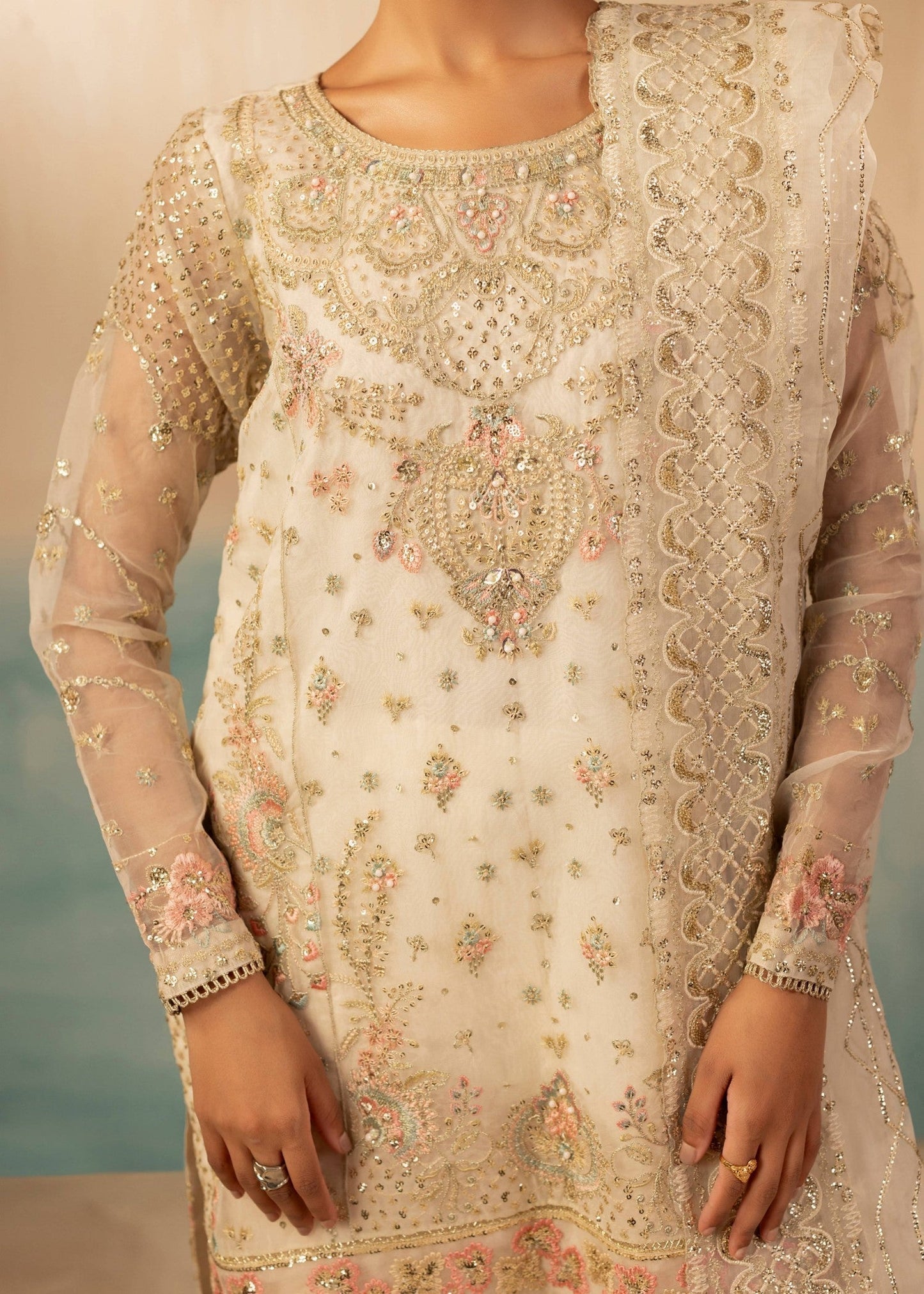 Festive Ivory Embroidered Organza Farshi Shalwar Online in Sri Lanka India Australia