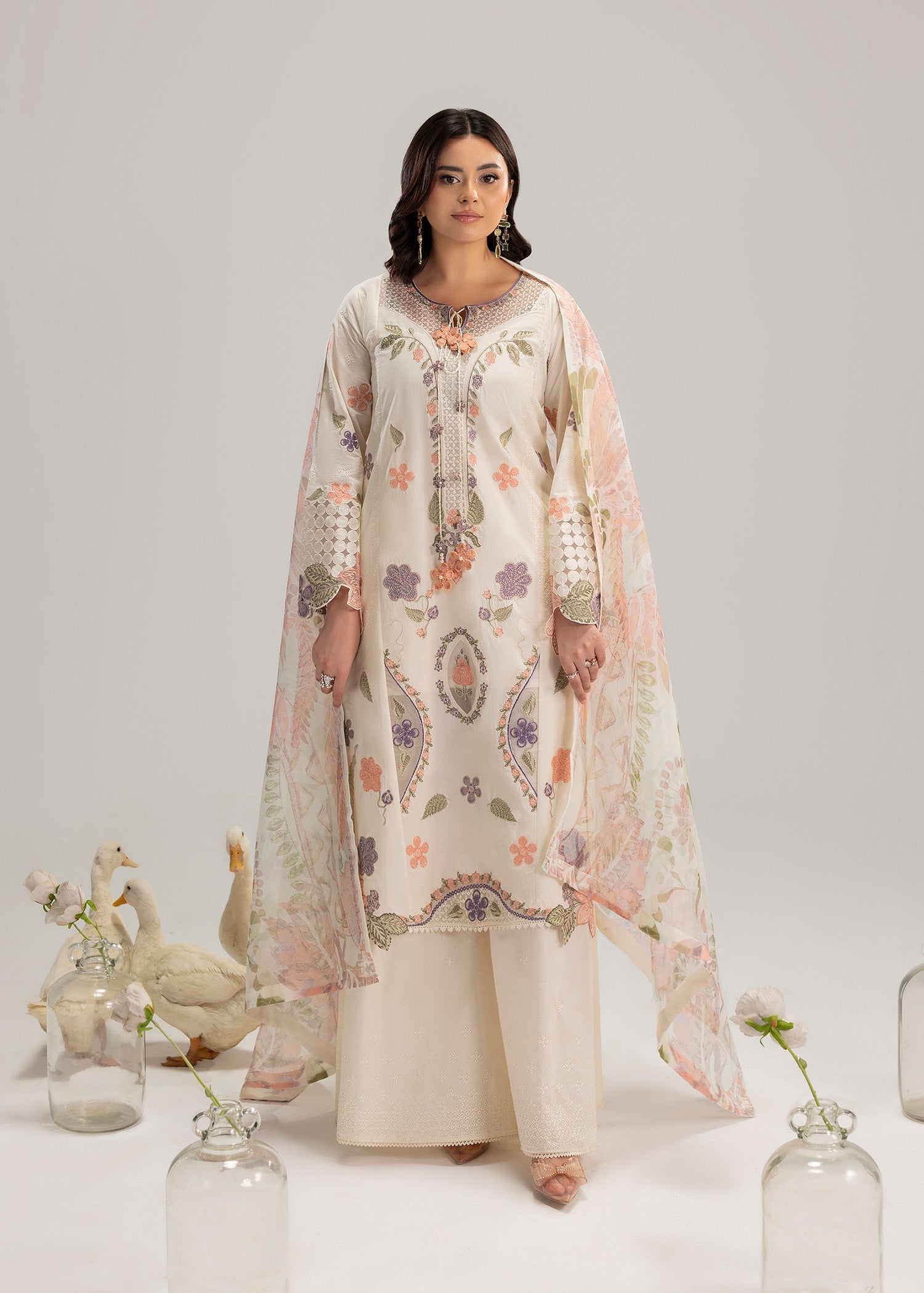 Festive Ivory Lawn Kurta with Flared Trouser and Dupatta Online in Dubai UAE Abudhabi Ajman Sharjah