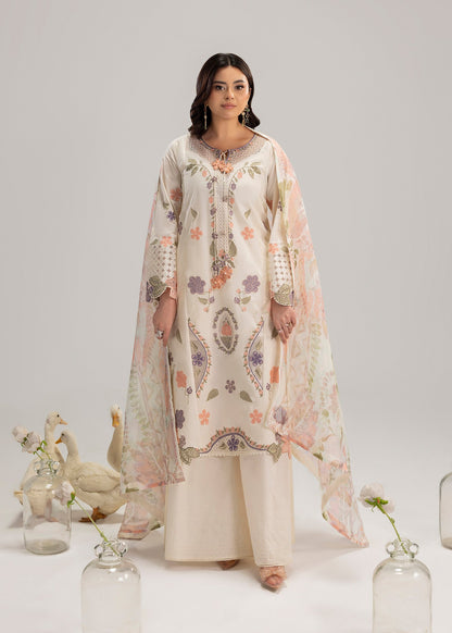 Festive Ivory Lawn Kurta with Flared Trouser and Dupatta Online in Dubai UAE Abudhabi Ajman Sharjah