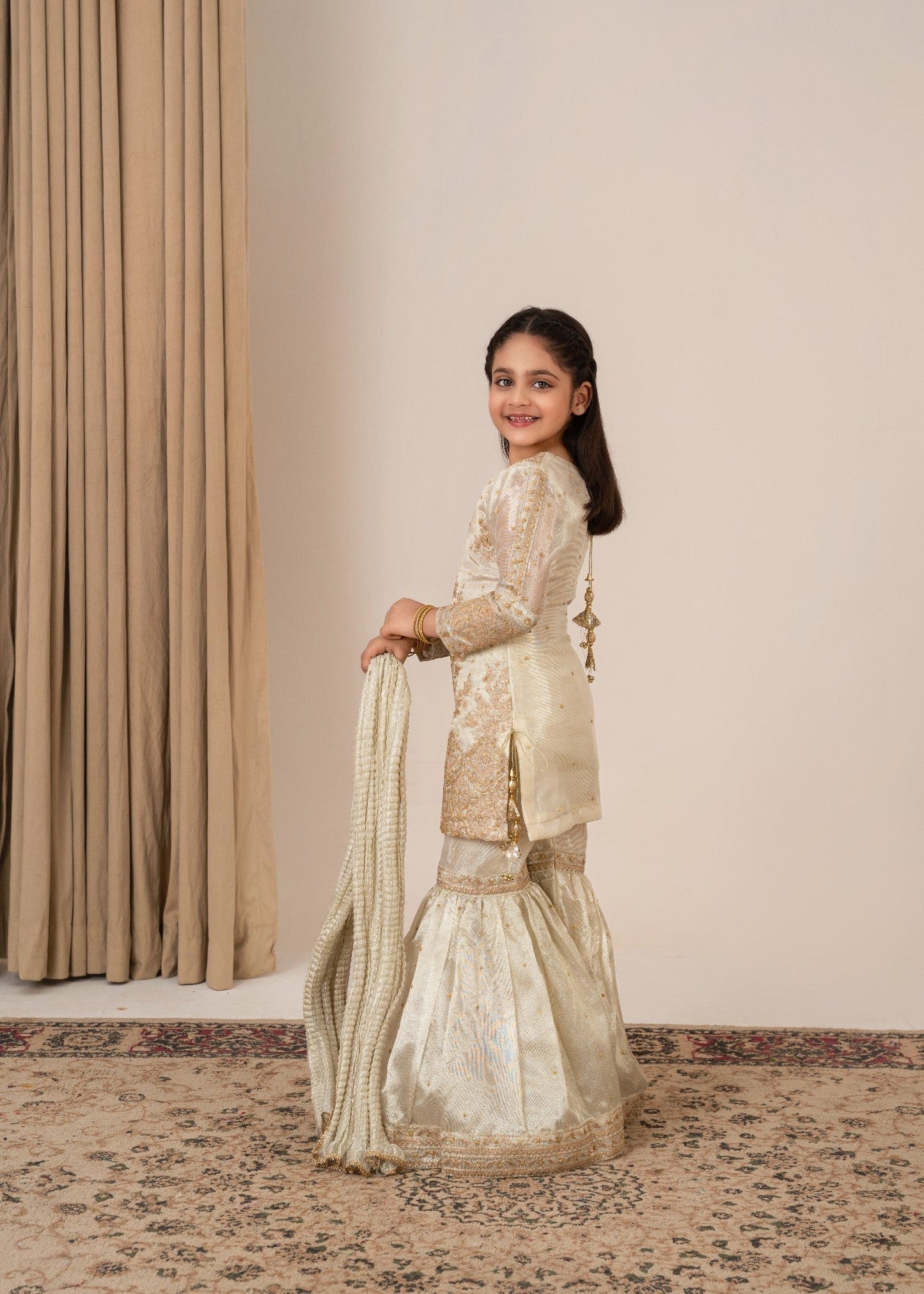 Festive Ivory Tissue Kurti Gharara Dupatta Online in Sri Lanka India Australia