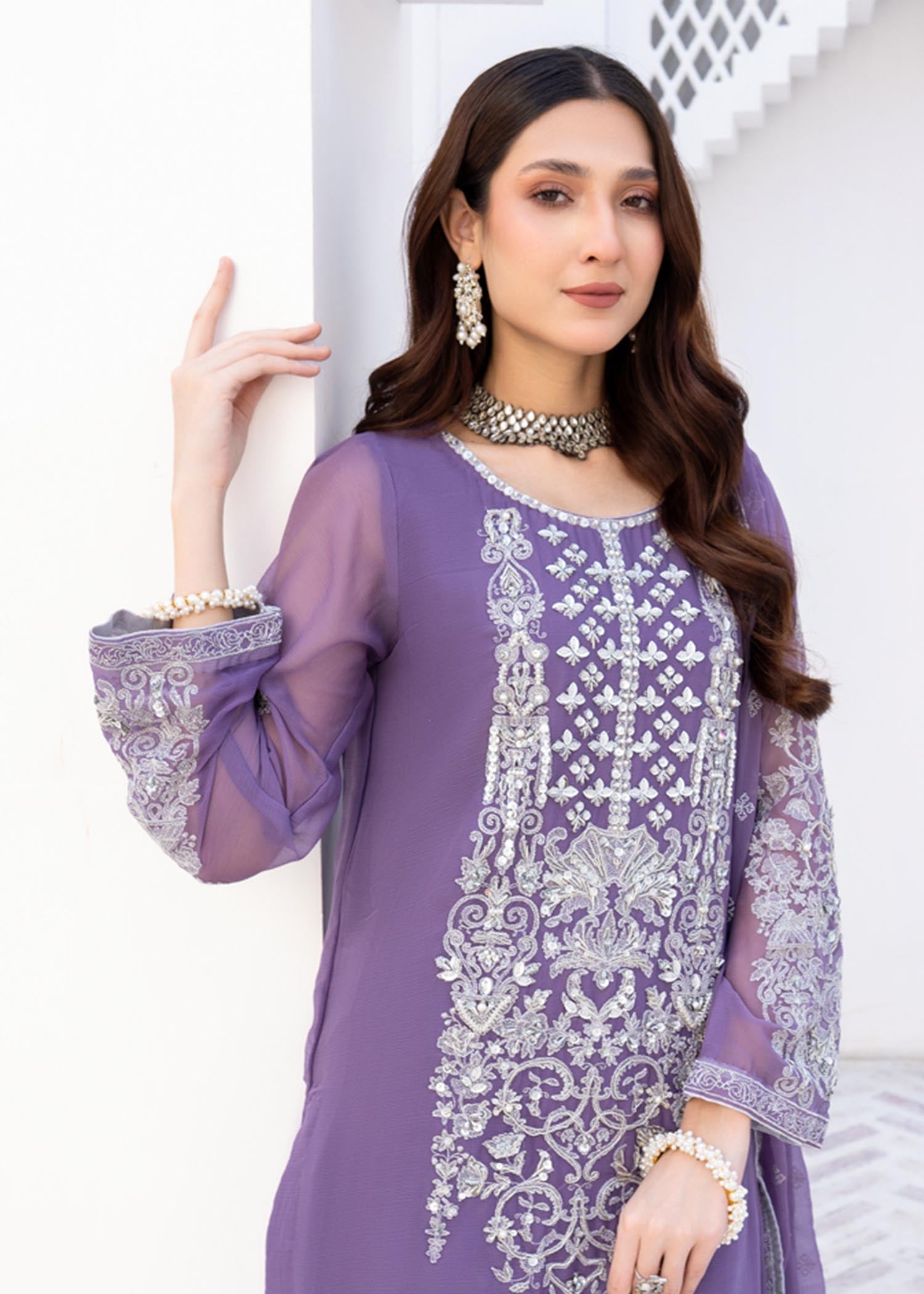 Festive Lilac Embroidered Chiffon Dress Online in Dubai DXB UAE Abudhabi Meena Bazaar
