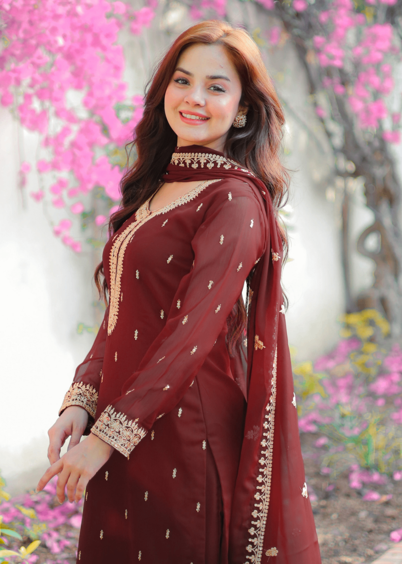 Festive Maroon Embroidered Chiffon Kurta Set Online in Sri Lanka India Australia