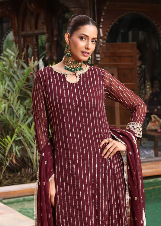 Festive Maroon Embroidered Chiffon Three Piece Suit Online in Dubai DXB UAE Abudhabi Meena Bazaar