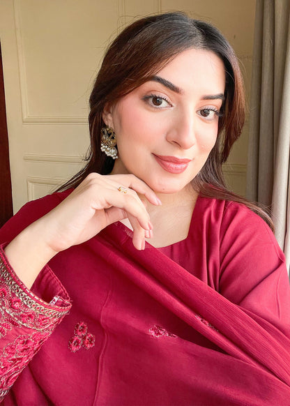 Festive Maroon Embroidered Raw Silk Salwar Suit Online in Dubai DXB UAE Abudhabi Meena Bazaar