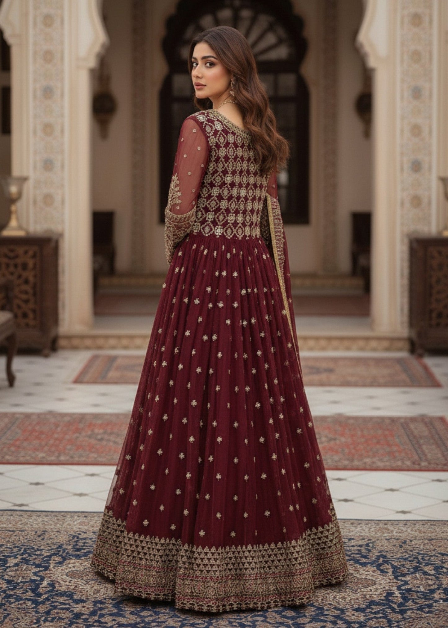 Festive Maroon Organza 3 Piece Suit Online in Sri Lanka India Australia