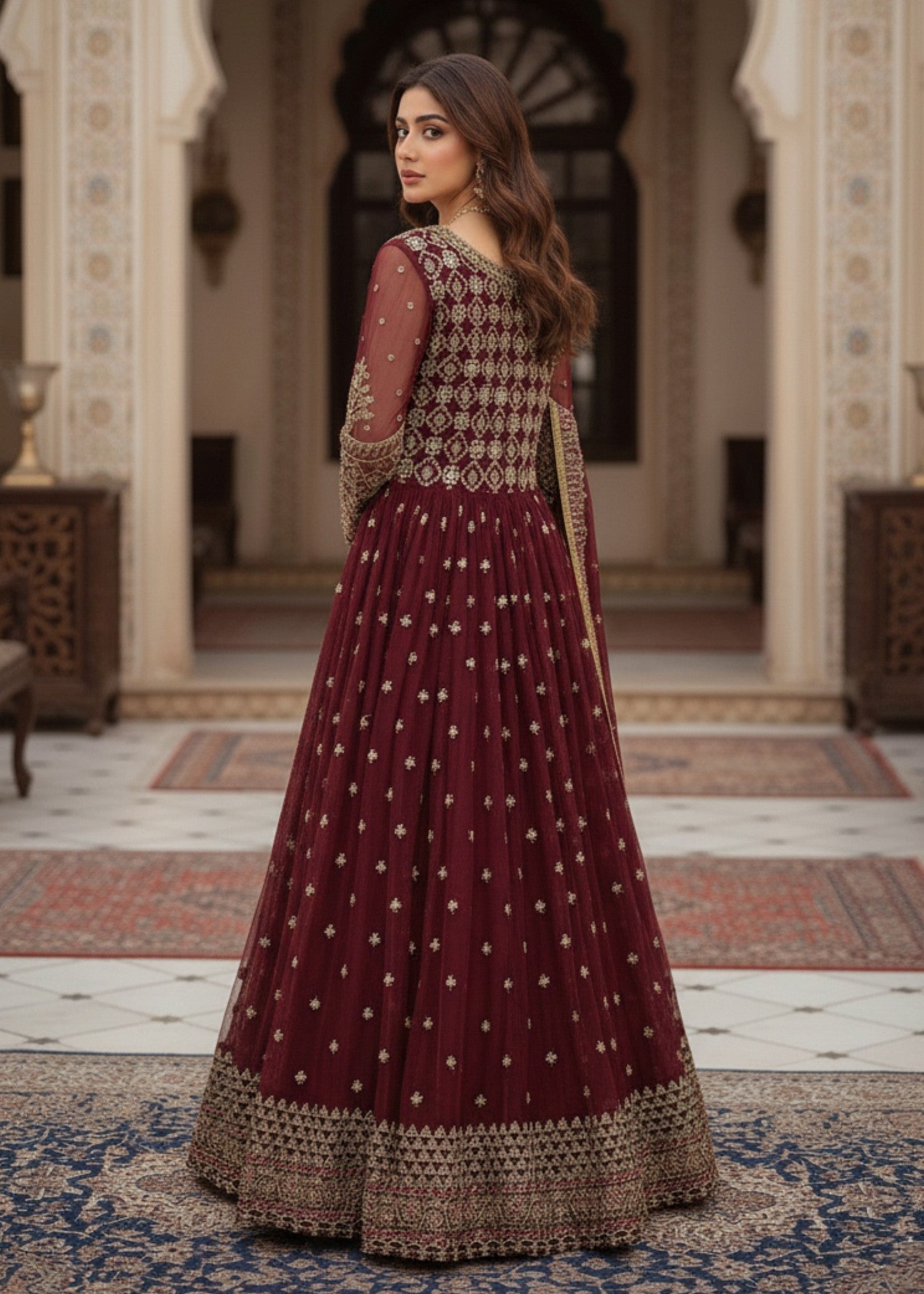 Festive Maroon Organza 3 Piece Suit Online in Sri Lanka India Australia