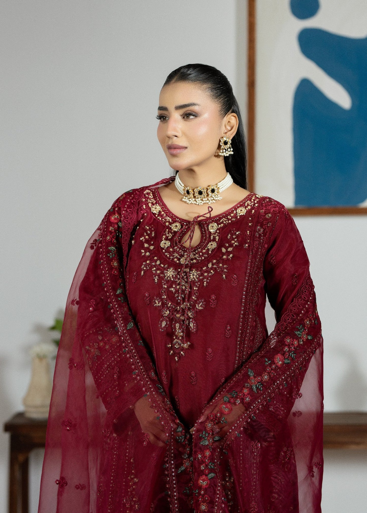 Festive Maroon Organza Kurta with Dupatta Online in Sri Lanka India Australia