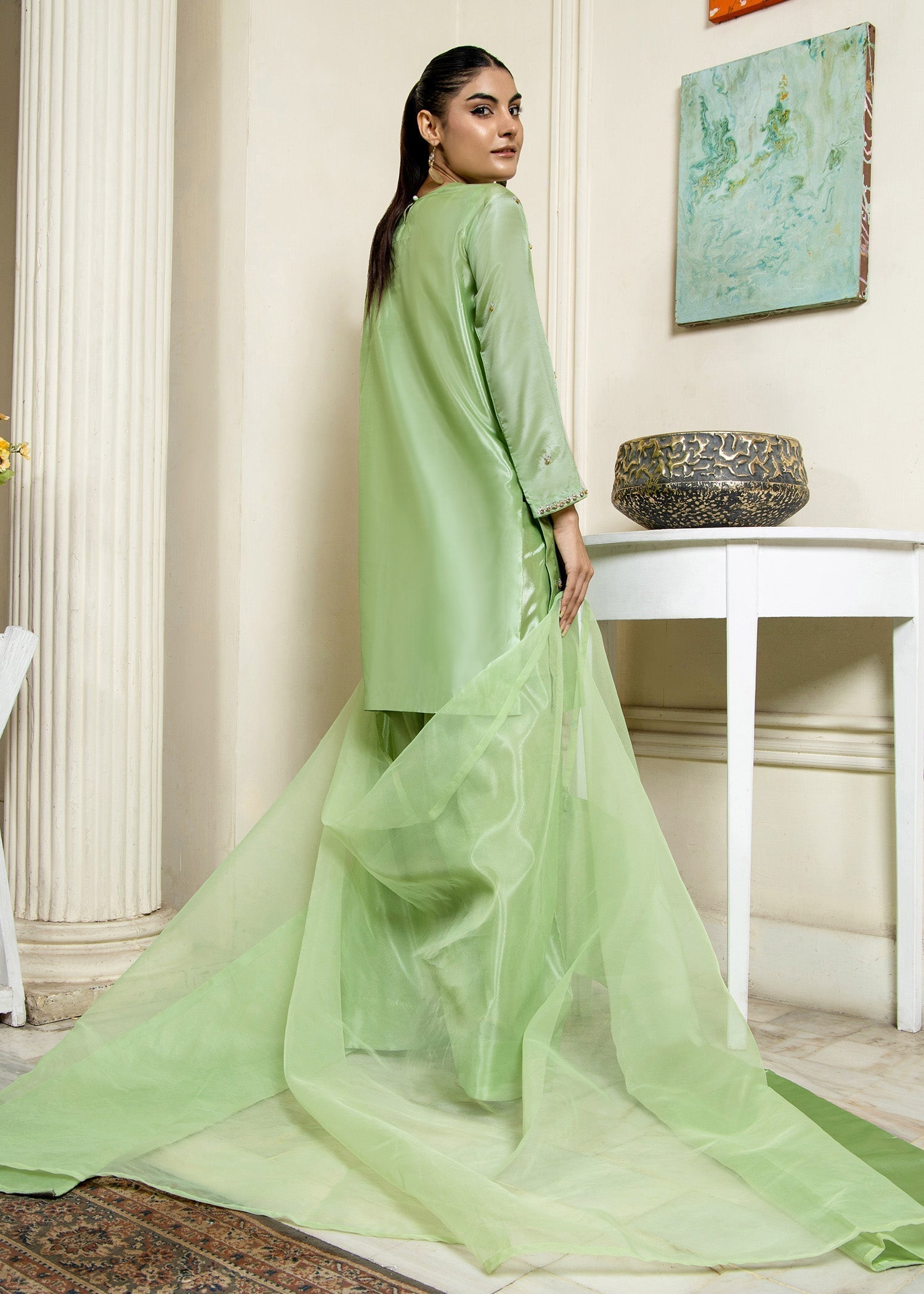 Festive Mint Green Organza Dupatta Farshi Shalwar Online in Sri Lanka India Australia
