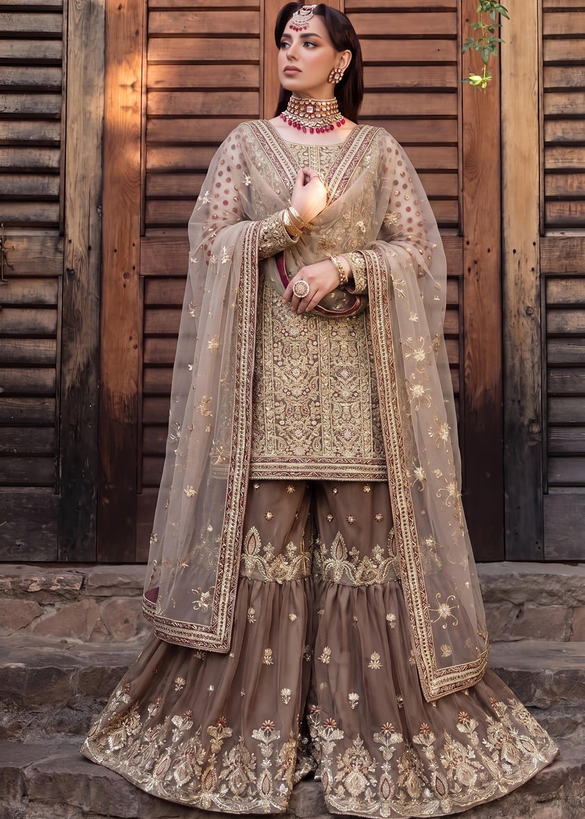 Festive Mocha Brown Embroidered Net Gharara Online in Dubai DXB UAE Abudhabi Meena Bazaar
