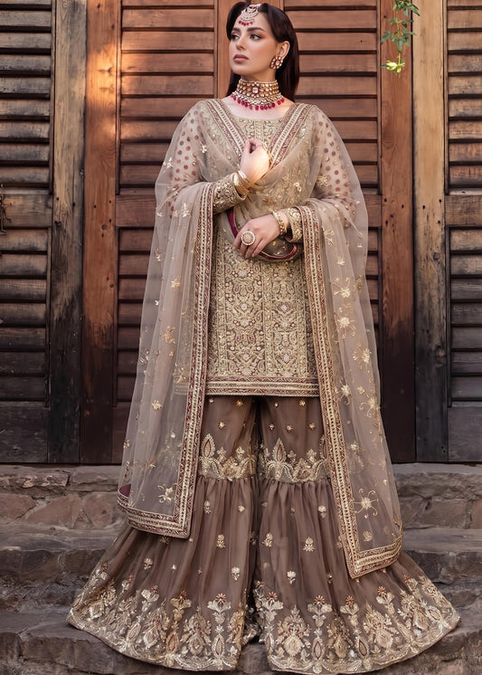 Festive Mocha Brown Embroidered Net Gharara Online in Dubai DXB UAE Abudhabi Meena Bazaar