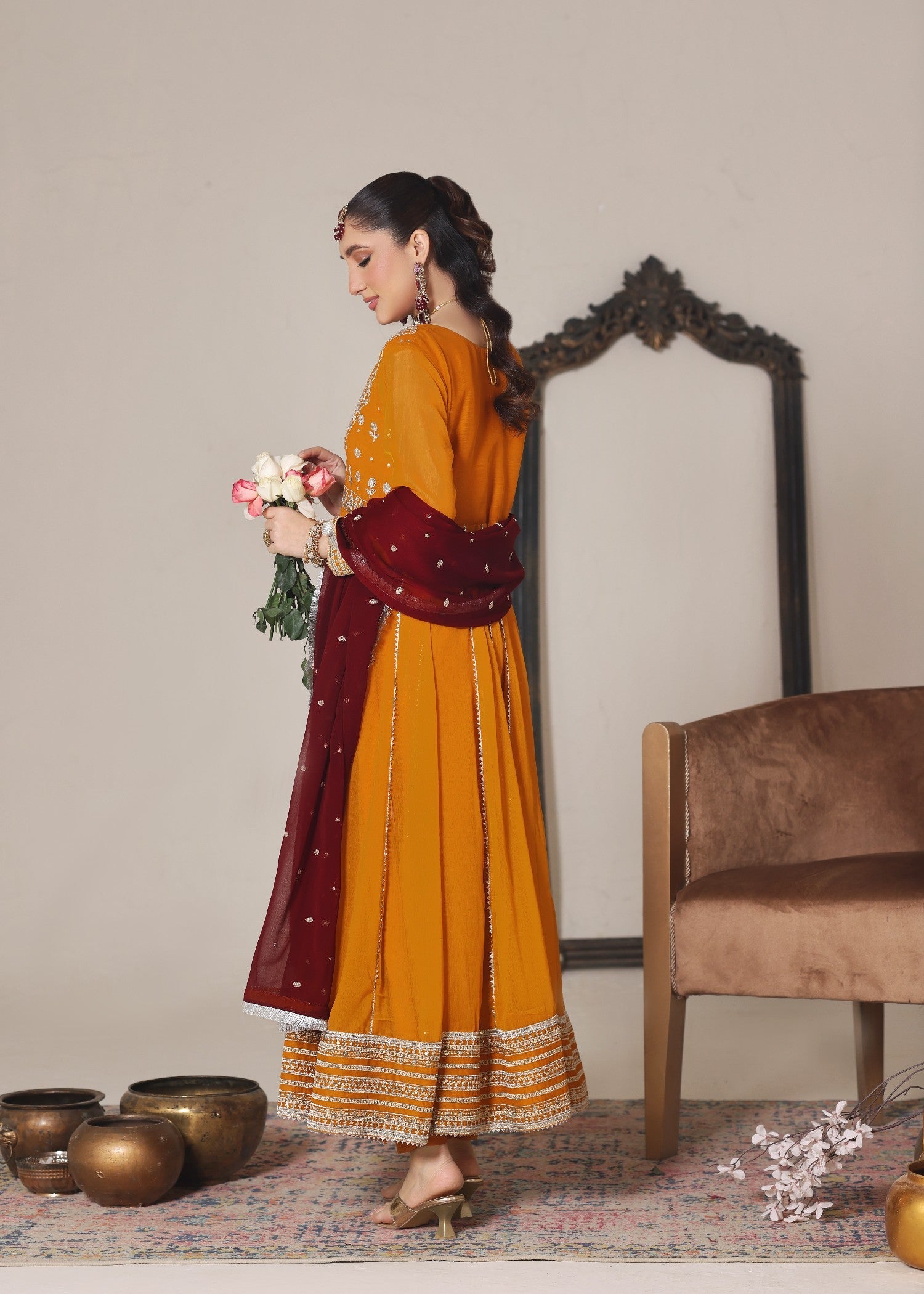 Festive Mustard Chiffon Embroidered 3 Piece Suit Online in Sri Lanka India Australia