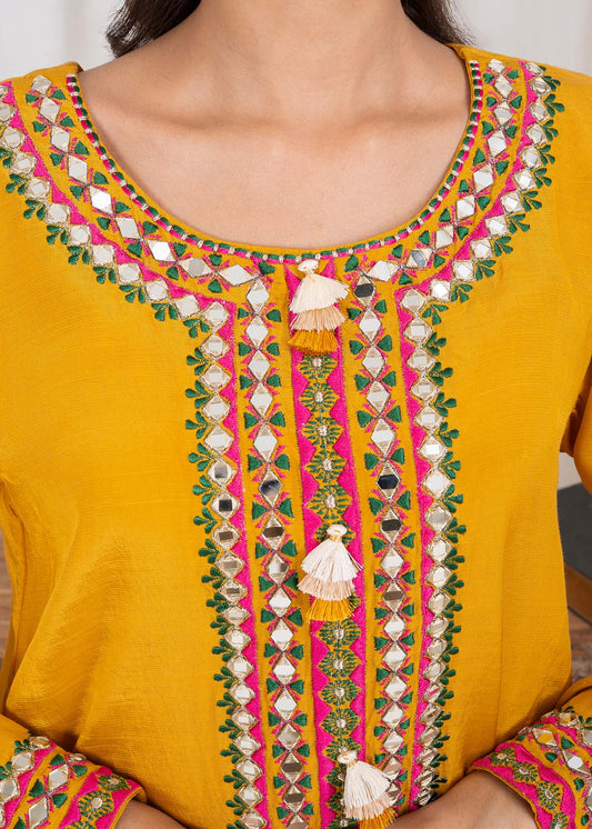 Festive Mustard Raw Silk Kurta with Organza Dupatta Online in Sri Lanka India Australia