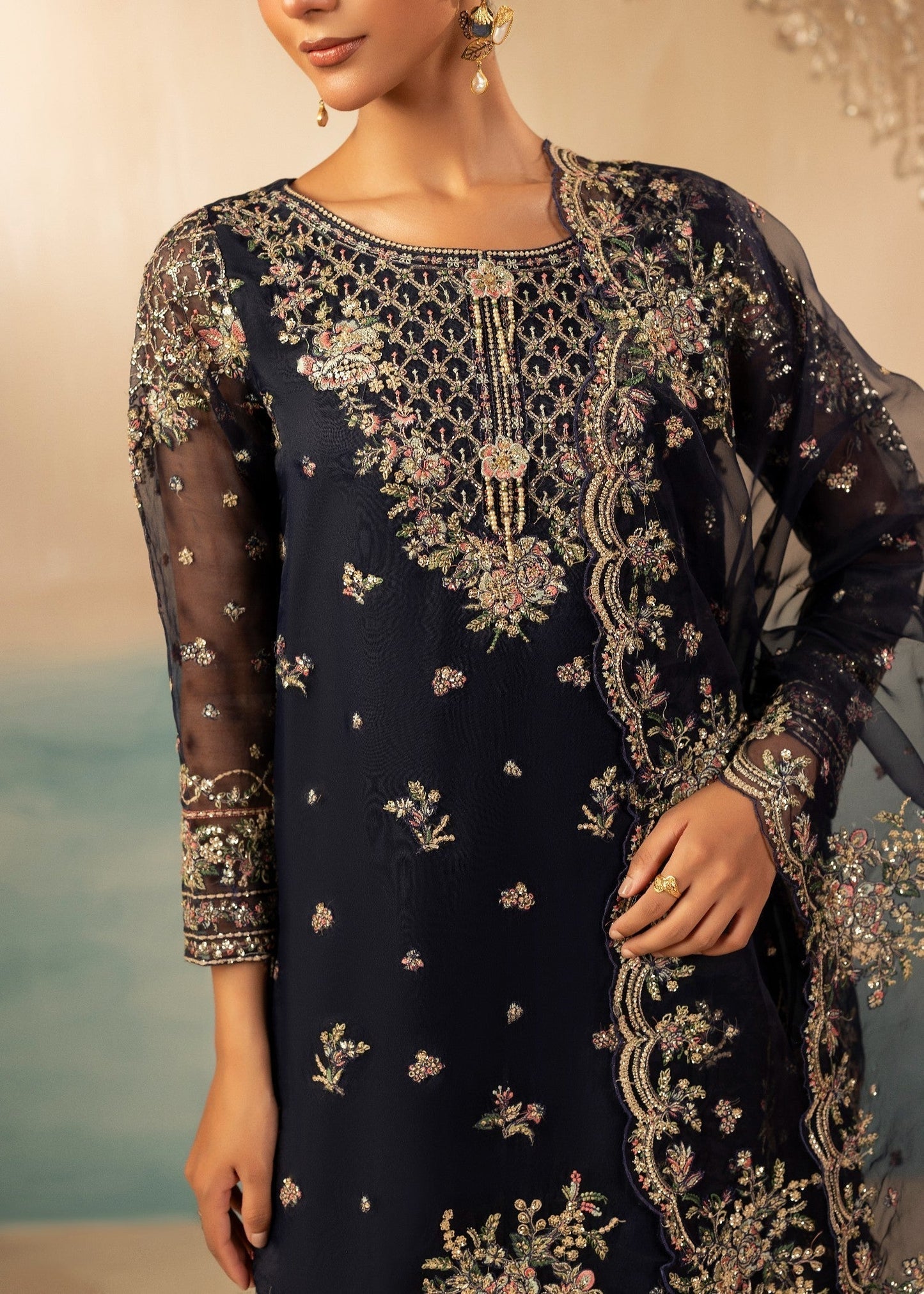 Festive Navy Blue Farshi Shalwar with Organza Dupatta Online in Sri Lanka India Australia