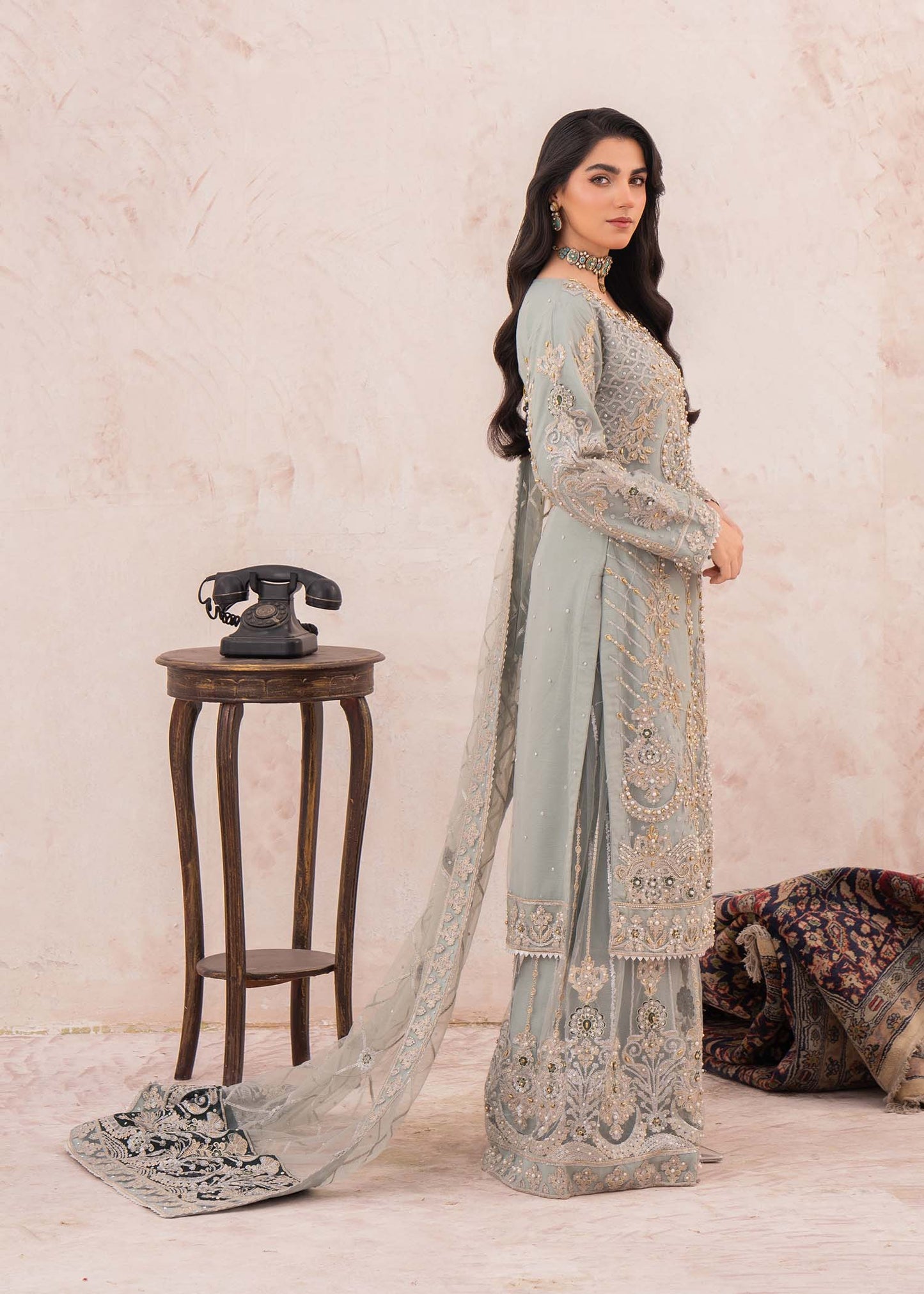 Festive Net Ash Grey Kurta Palazzo Set Online in Sri Lanka India Australia