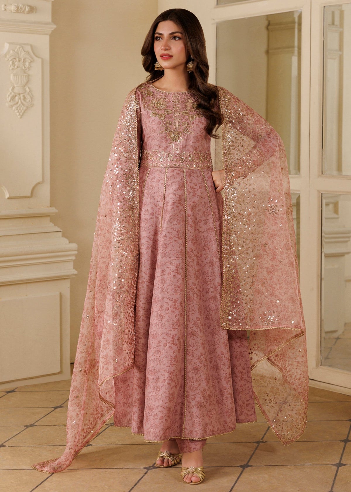 Festive Party Wear Baby Pink Khaddar Maxi Online in Sri Lanka India Australia