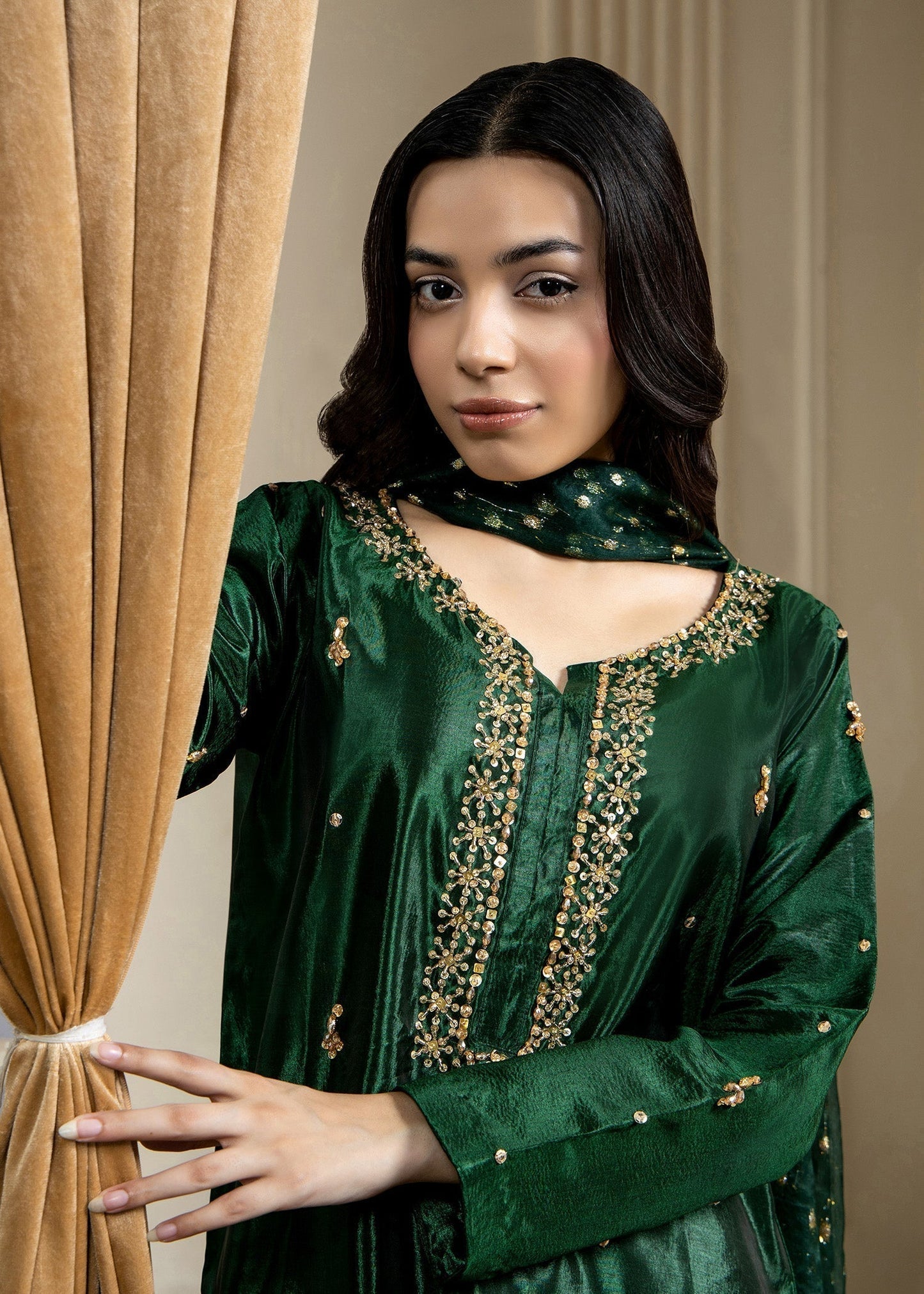 Festive Party Wear Bottle Green Kattan Silk Embellished Suit Online in UK USA Canada