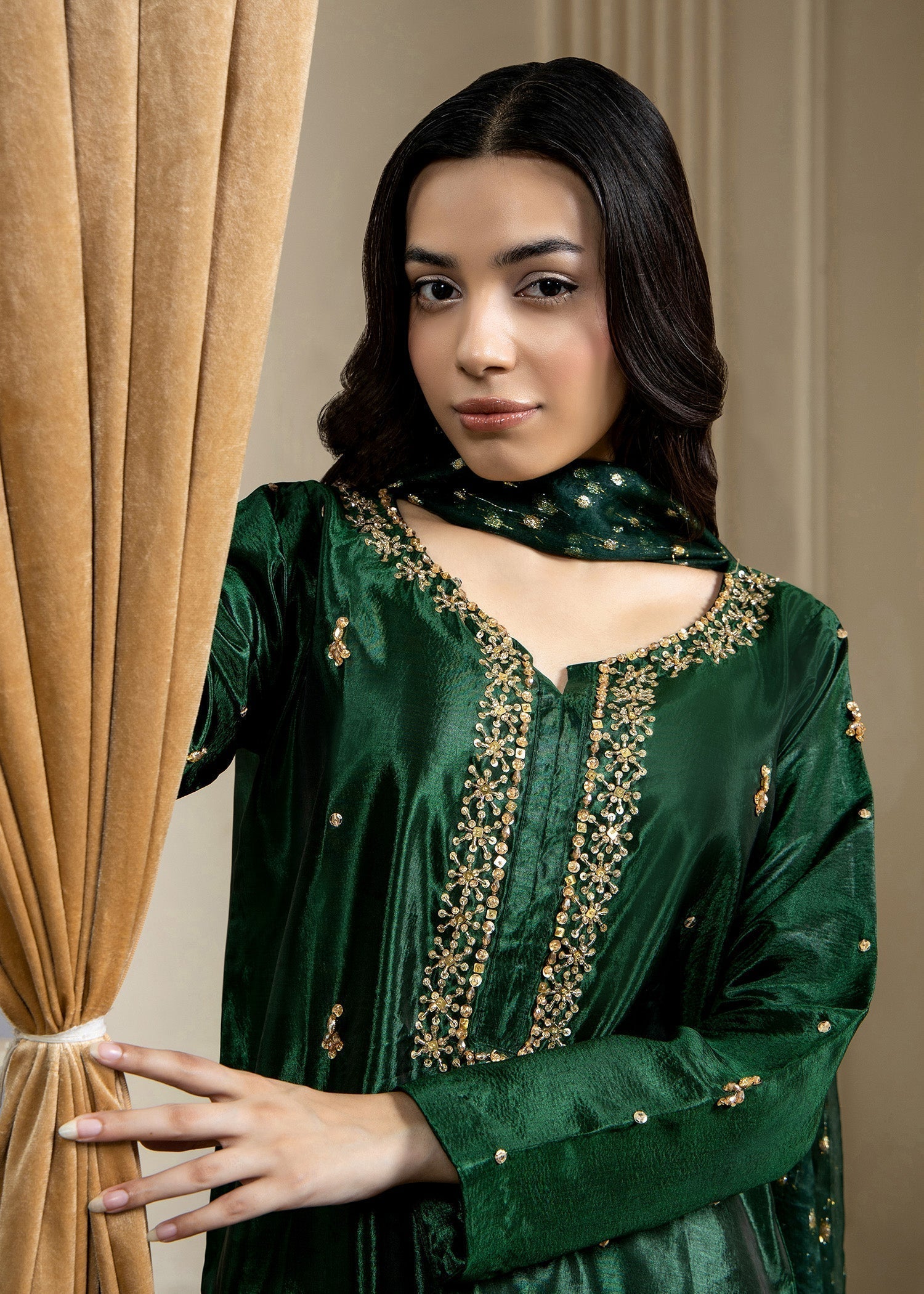Festive Party Wear Bottle Green Kattan Silk Embellished Suit Online in UK USA Canada