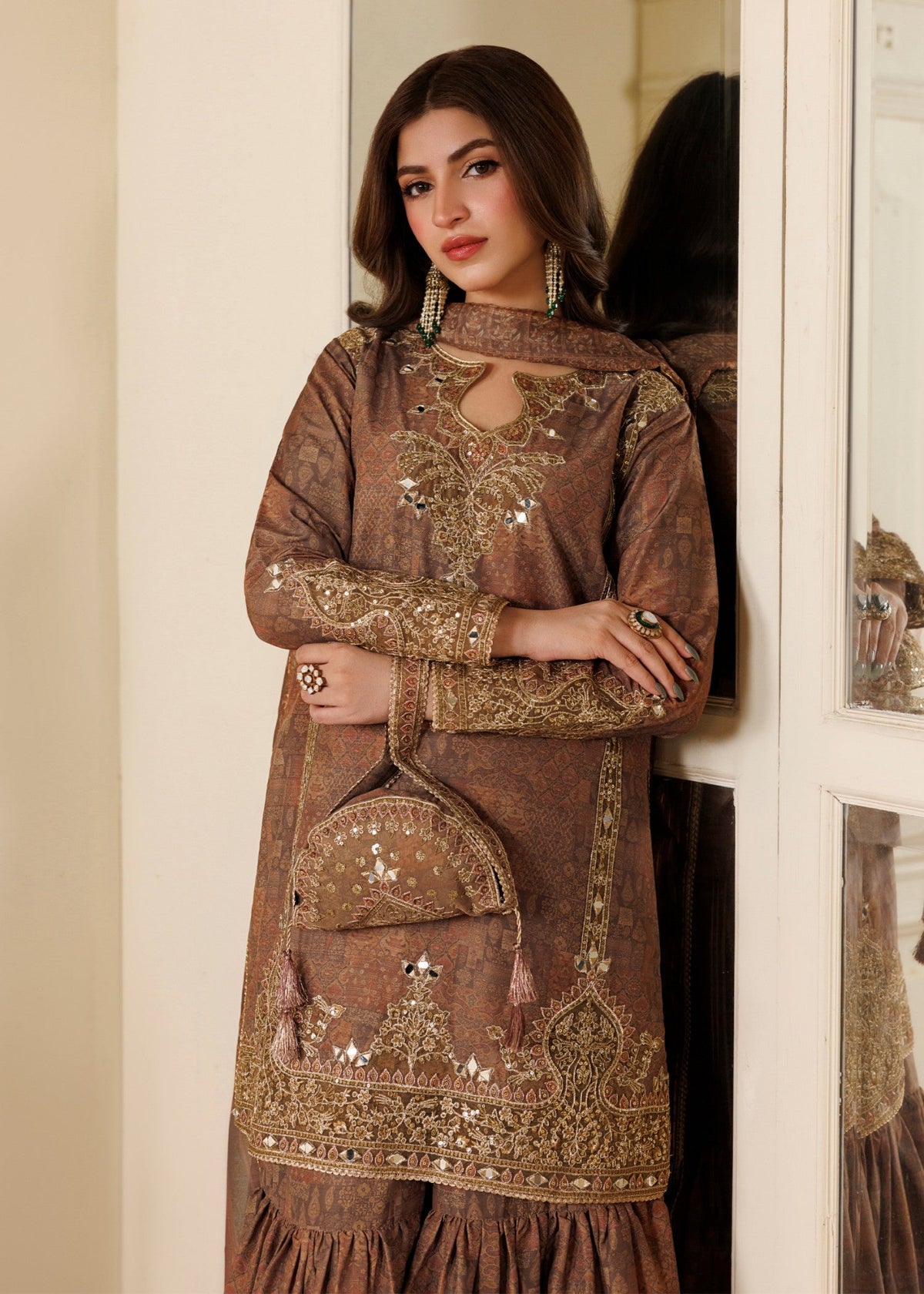 Festive Party Wear Camel Brown Mirror Work Gharara Online in Sri Lanka India Australia