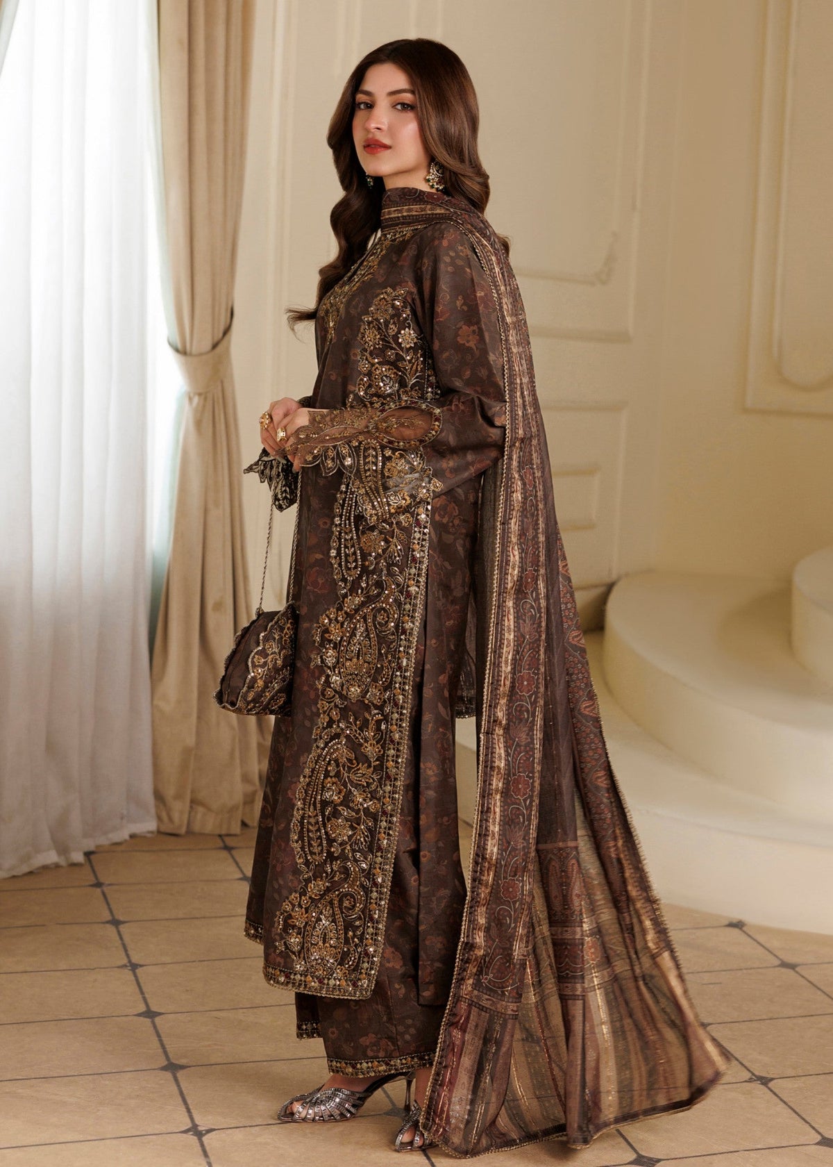 Festive Party Wear Coffee Brown Blended Khaddar Salwar Suit Online in KSA Riyadh Saudi Arabia Oman Bahrain Qatar