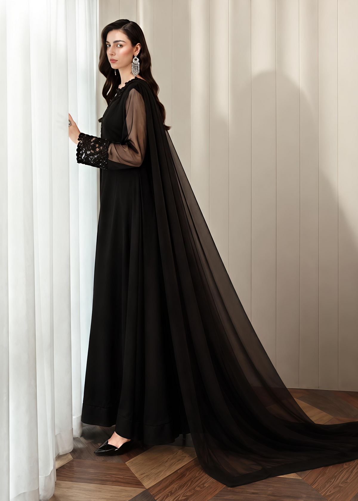 Festive Party Wear Jet Black Chiffon Maxi Online in Sri Lanka India Australia