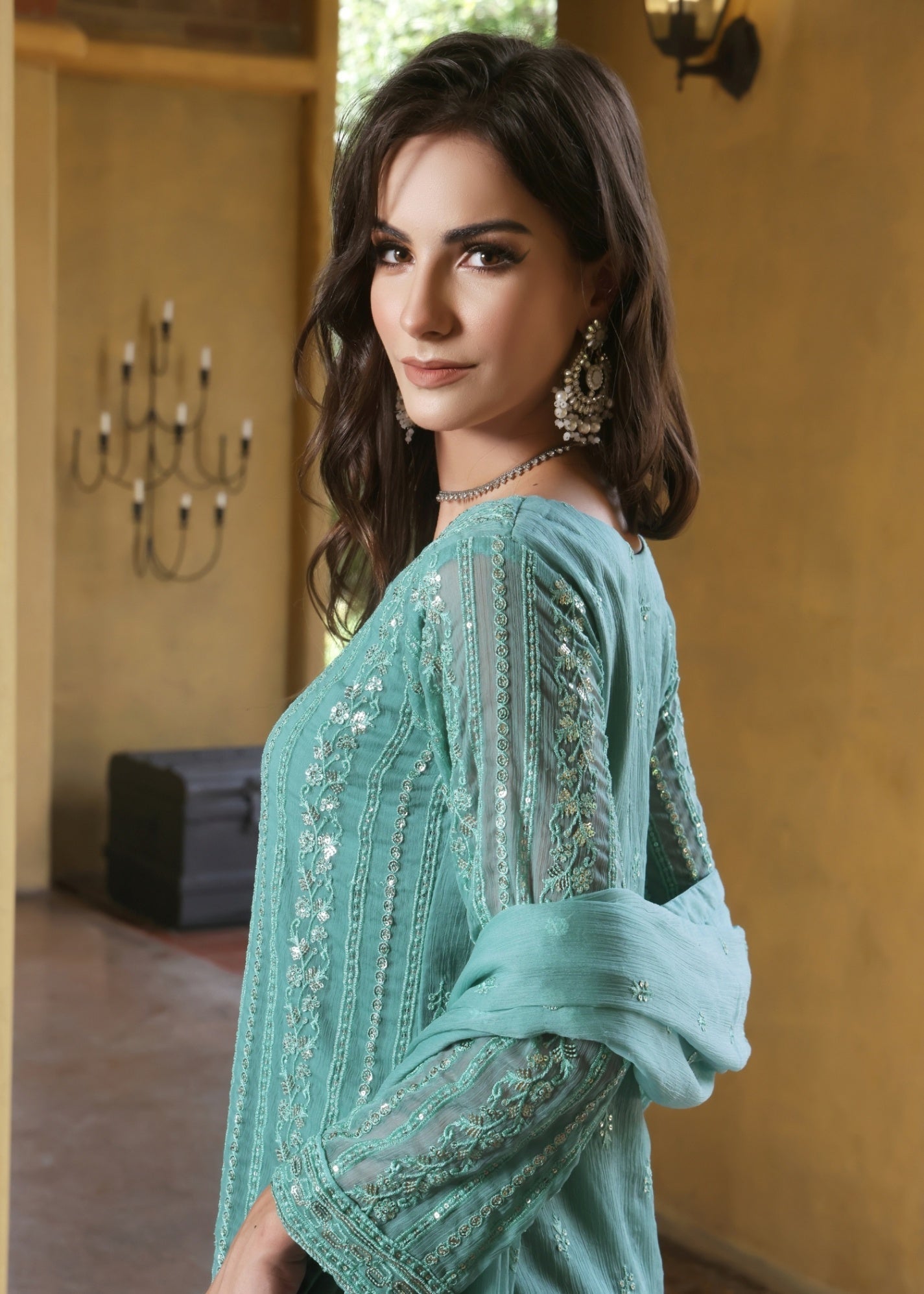 Festive Party Wear Light Cyan Chiffon Suit Online in Sri Lanka India Australia