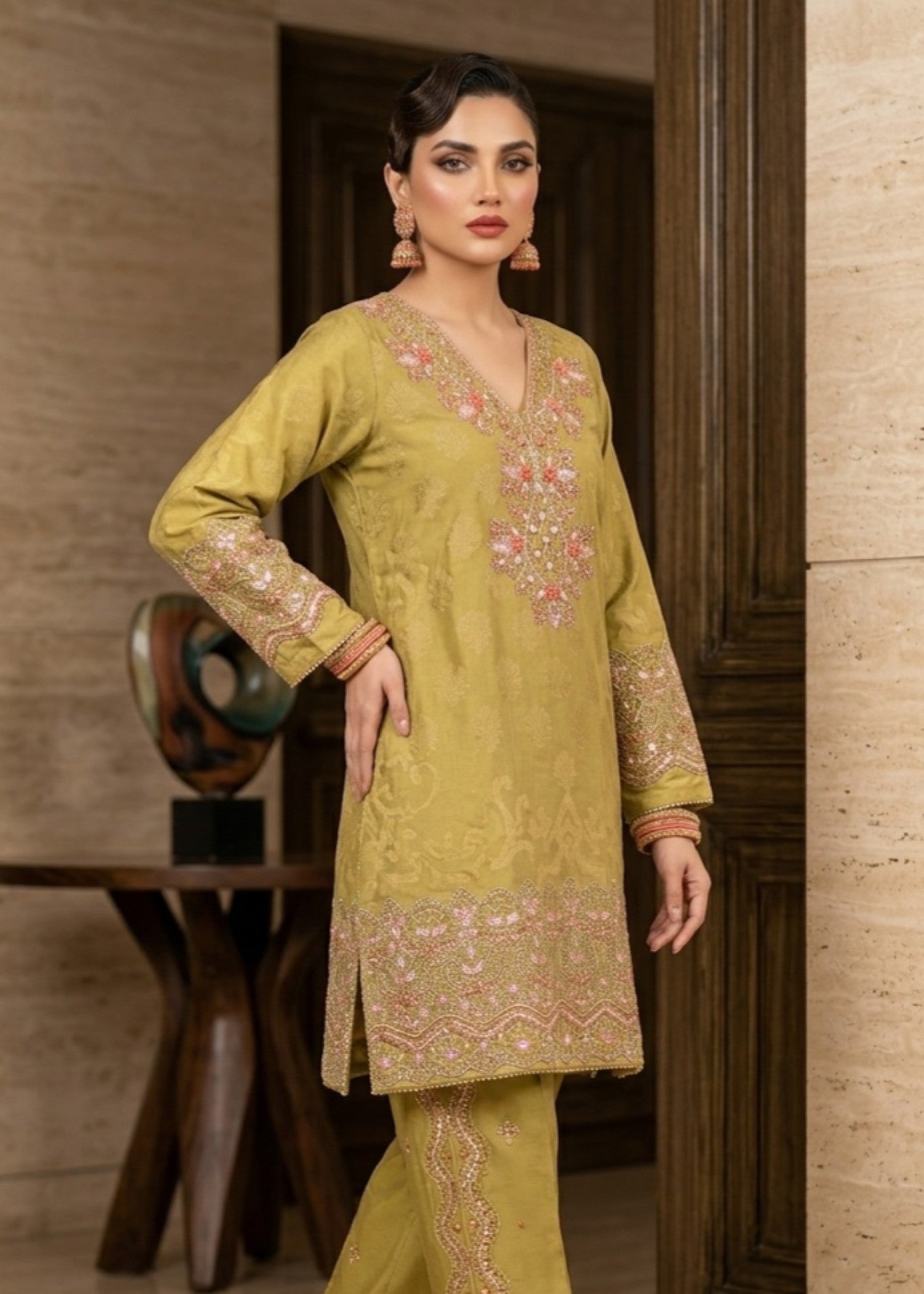 Festive Party Wear Mari Gold Embroidered Unstitched Suit Online in Sri Lanka India Australia