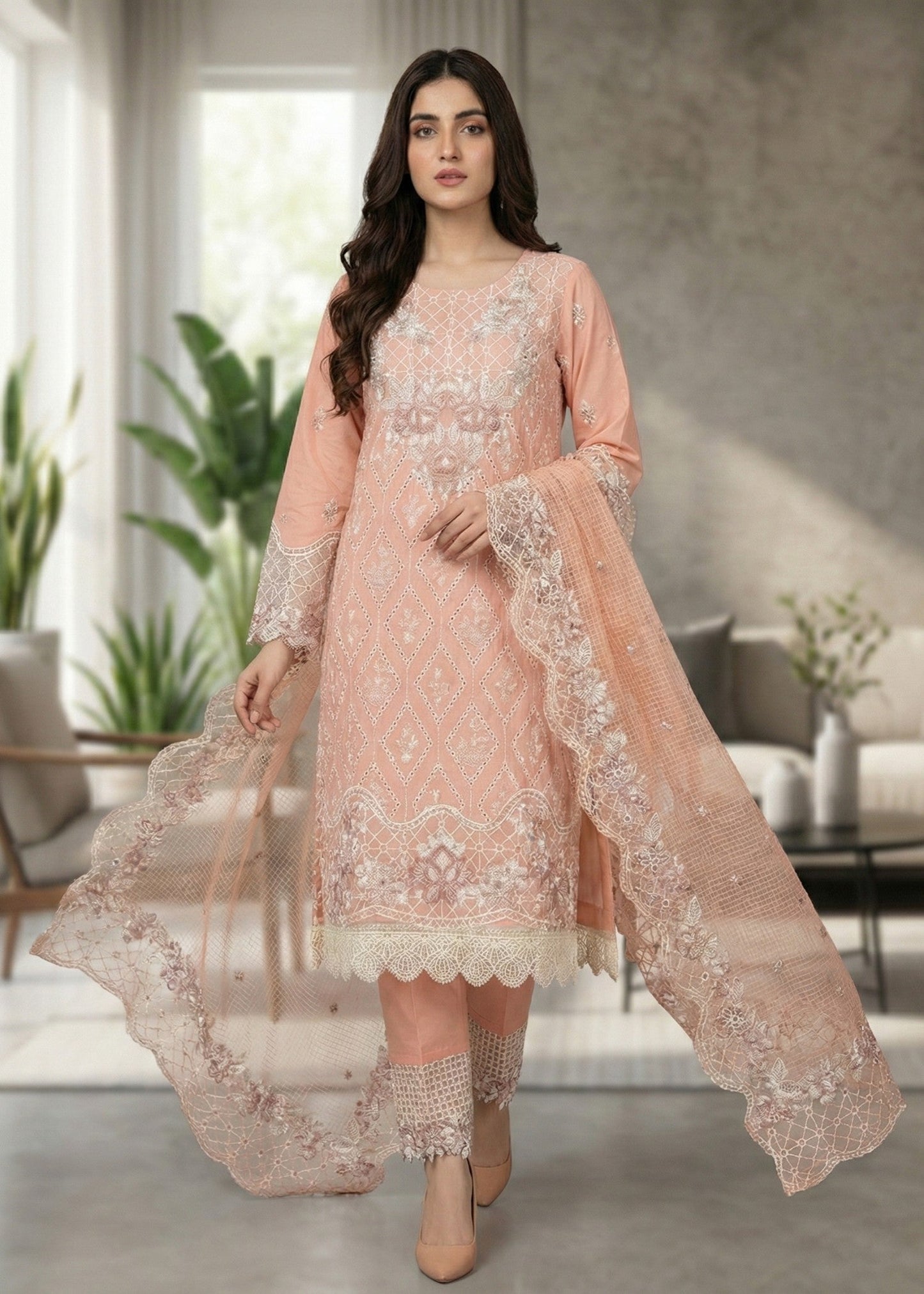 Festive Party Wear Peach Lawn Suit Online in Sri Lanka India Australia