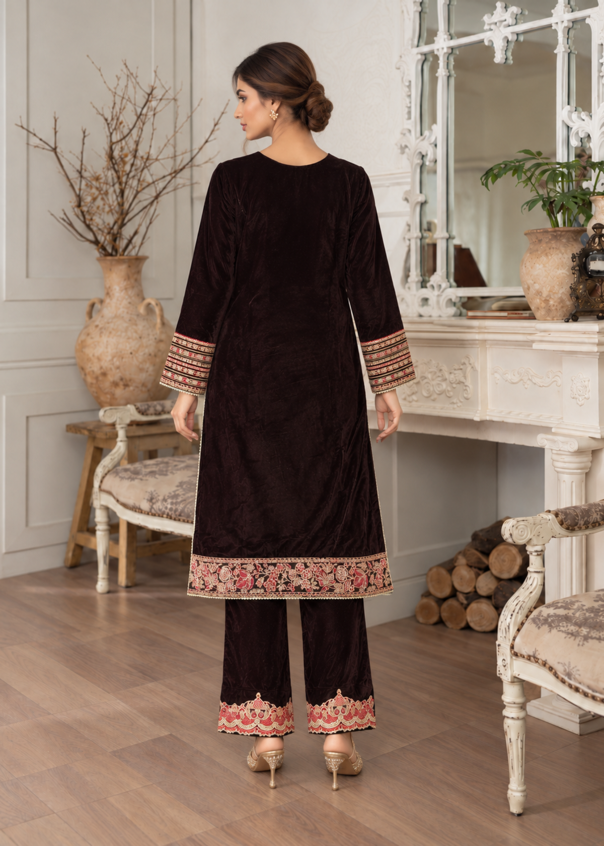 Festive Partywear Brown Velvet Salwar Kameez Online in Dubai UAE Abudhabi Ajman Sharjah