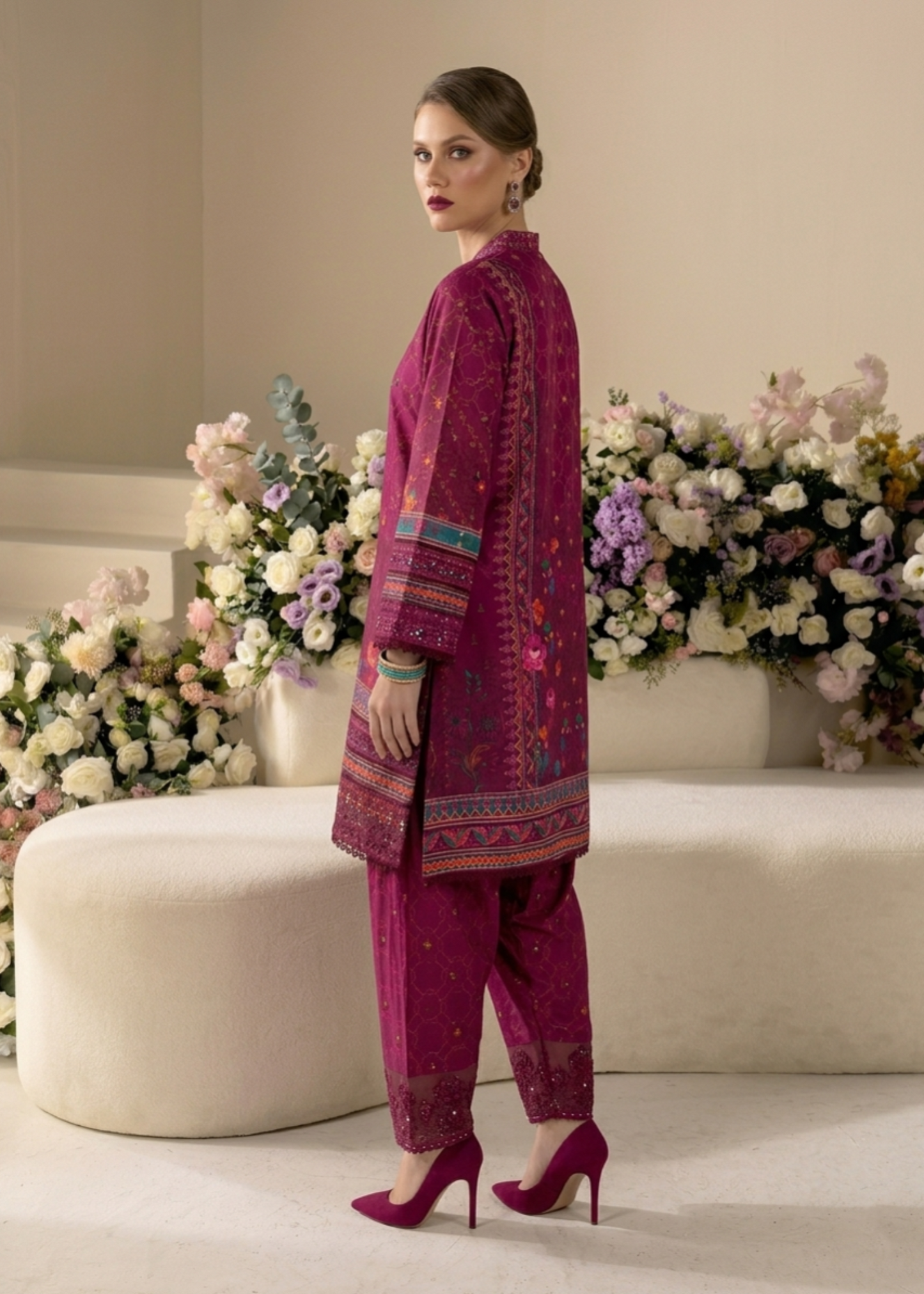 Festive Partywear Magenta Raw Silk Embroidered Suit Online in Sri Lanka India Australia