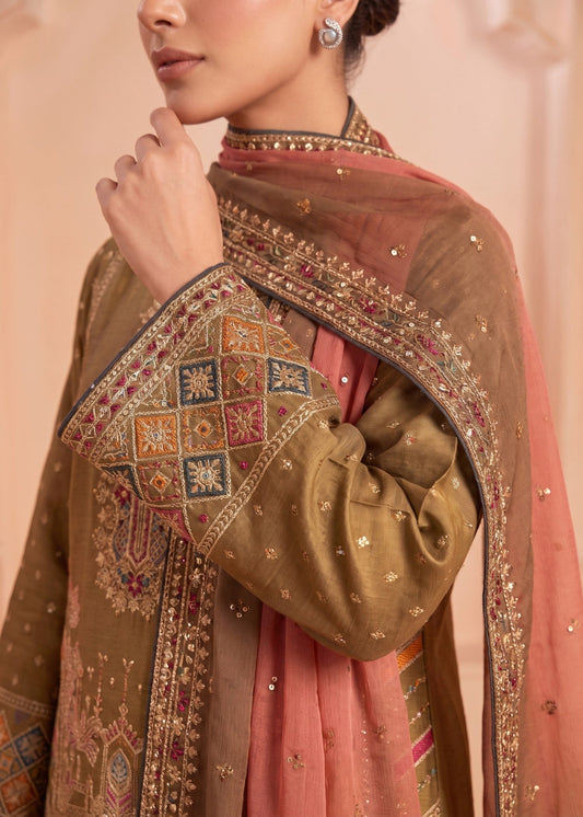 Festive Partywear Raw Silk Salwar Kameez with Chiffon Dupatta Online in KSA Riyadh Saudi Arabia Oman Bahrain Qatar