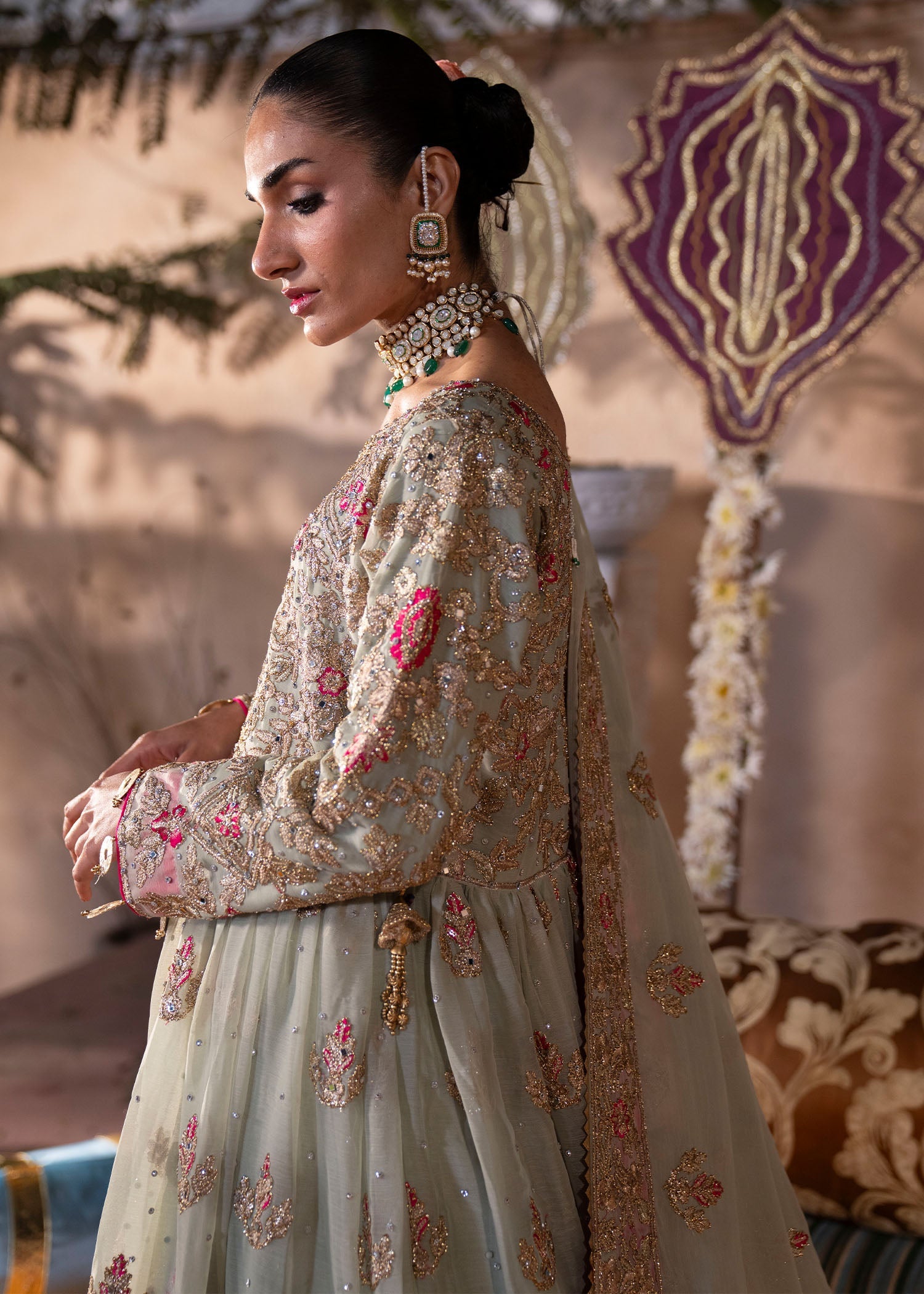 Festive Pistachio Green Chiffon Salwar Suit Online in Dubai UAE Abudhabi Ajman Sharjah