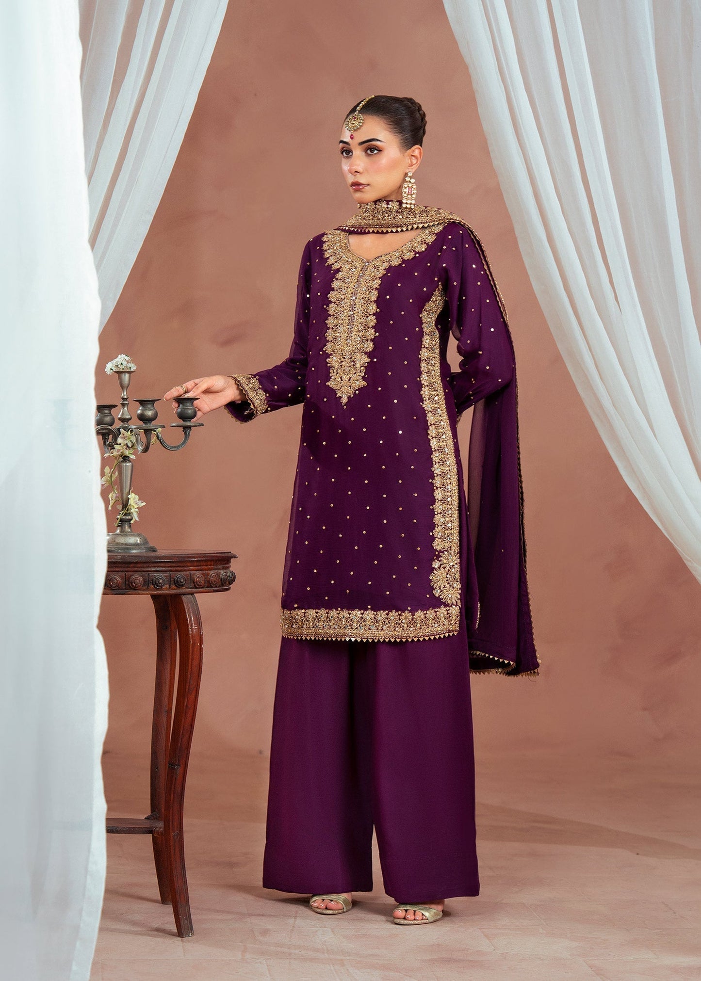 Festive Plum Chiffon 3 Piece Dress Online in Sri Lanka India Australia
