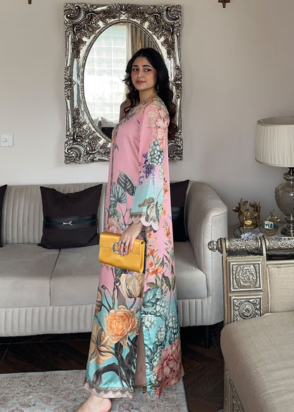 Festive Printed Satin Silk Kaftan Dress Online in KSA Riyadh Saudi Arabia Oman Bahrain Qatar