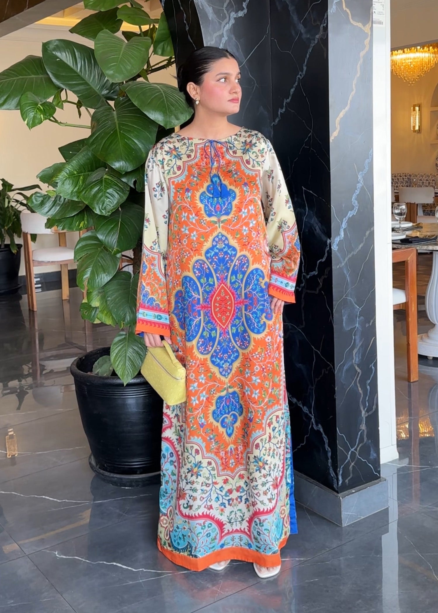 Festive Printed Silk Kaftan for Women Online in KSA Riyadh Saudi Arabia Oman Bahrain Qatar