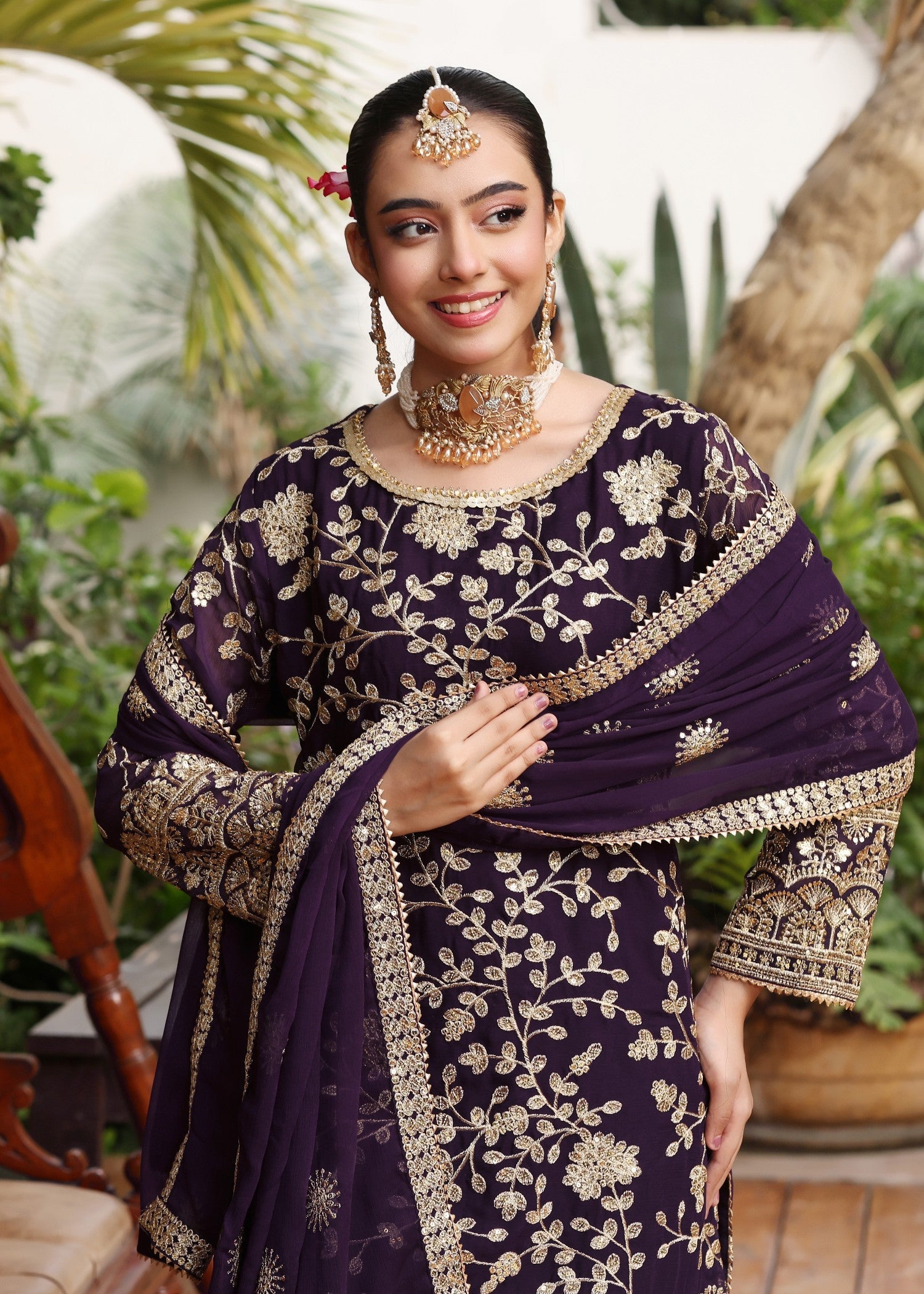 Festive Purple Chiffon Gharara Kurti Dupatta Online in Sri Lanka India Australia