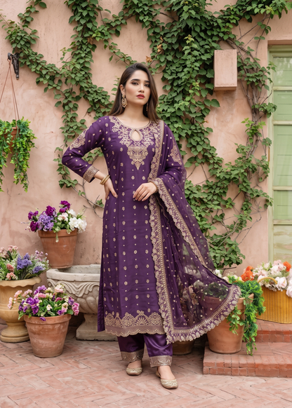 Festive Purple Embroidered Chiffon Dress Material Online in Sri Lanka India Australia