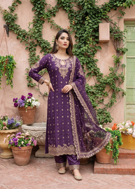 Festive Purple Embroidered Chiffon Dress Material Online in Sri Lanka India Australia