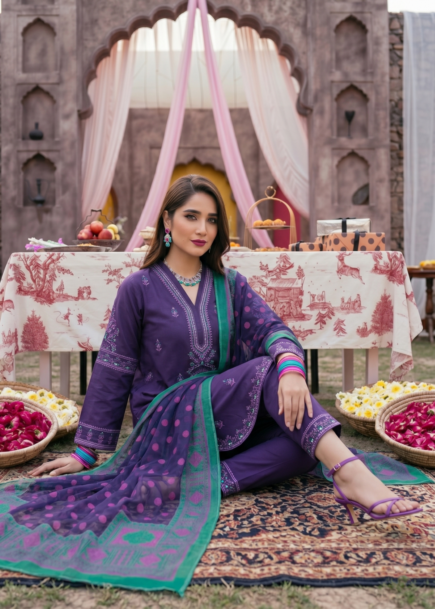 Festive Purple Embroidered Lawn Salwar Suit Online in Dubai UAE Abudhabi Ajman Sharjah