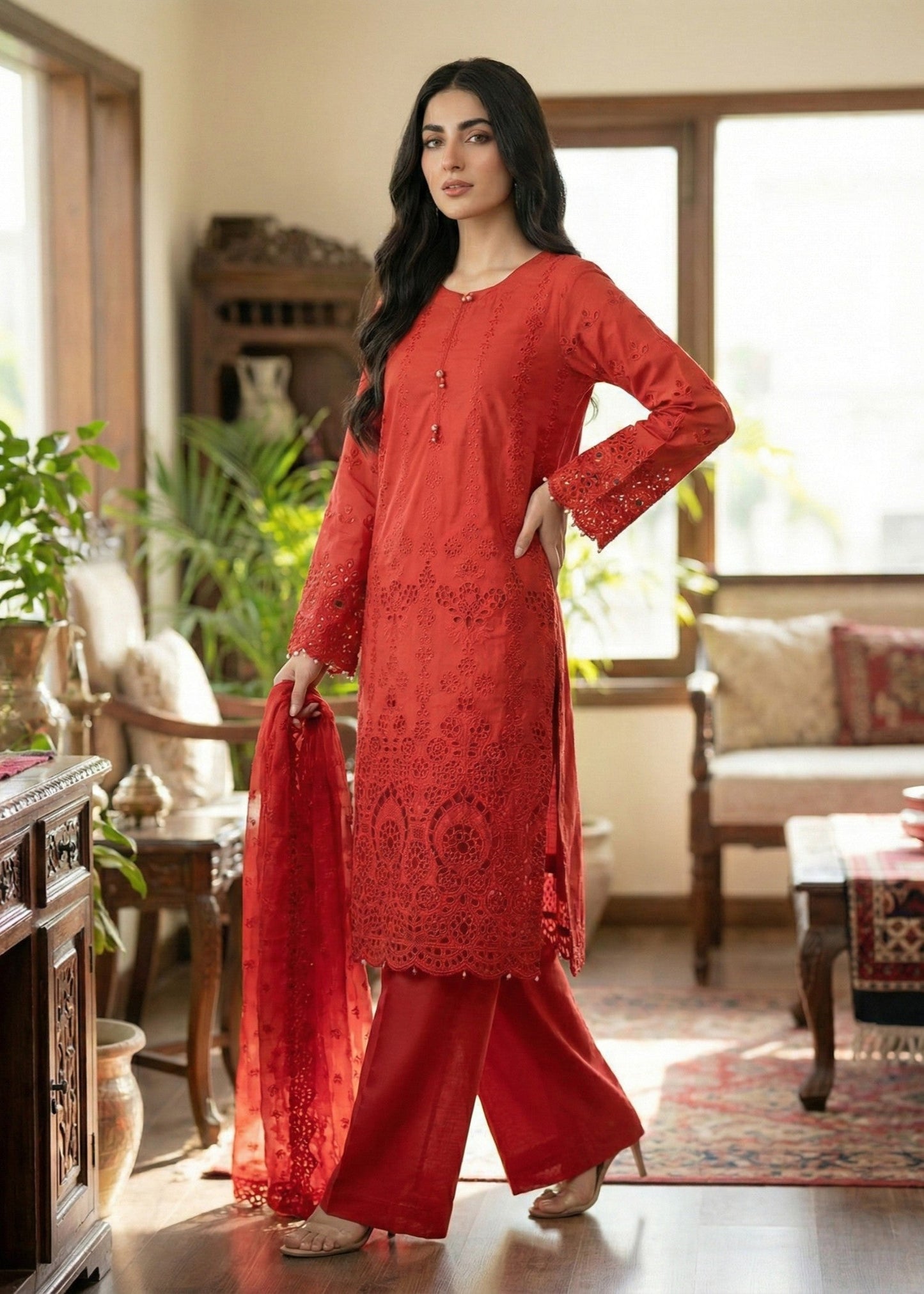 Festive Red Chikankari Cotton 3 Piece Suit Online in Sri Lanka India Australia