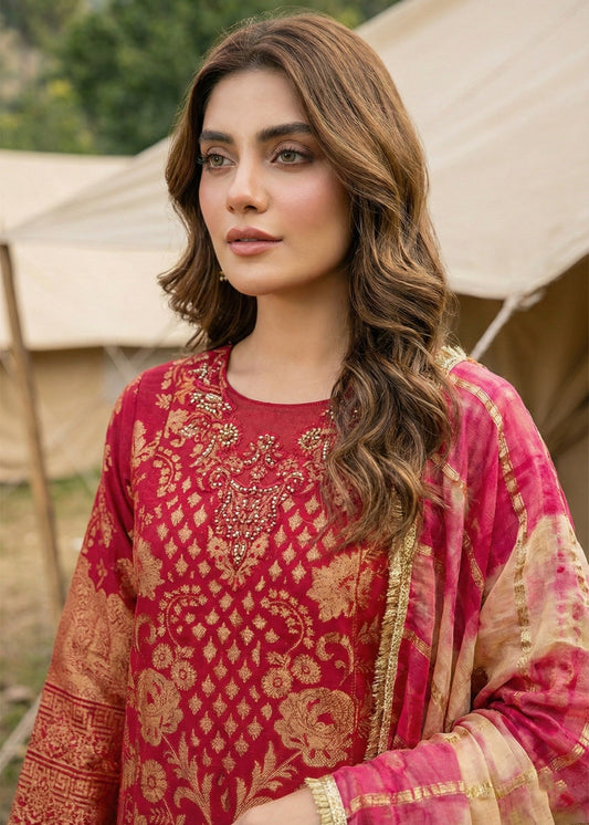 Festive Red Jacquard Suit with Cotton Trouser Online in Sri Lanka India Australia