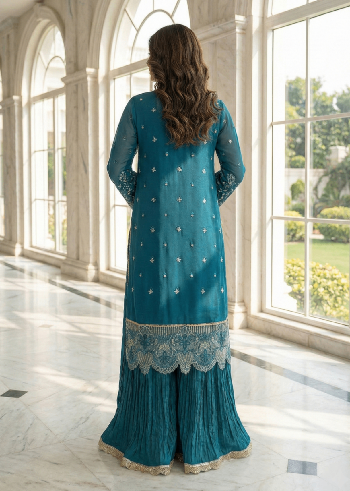Festive Teal Chiffon Embroidered Suit Online in Sri Lanka India Australia