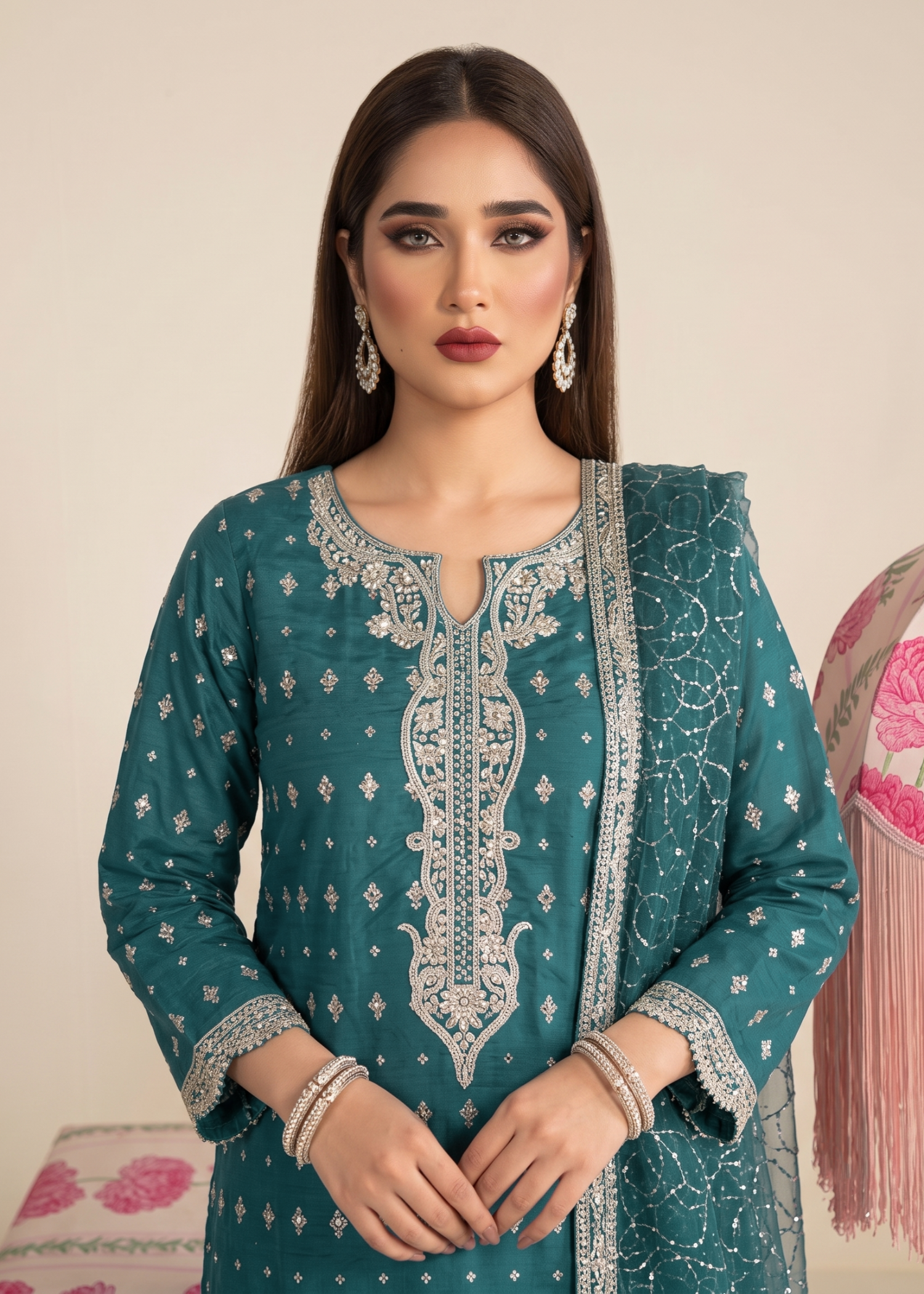 Festive Teal Chiffon Kurta with Straight Trouser Online in Sri Lanka India Australia