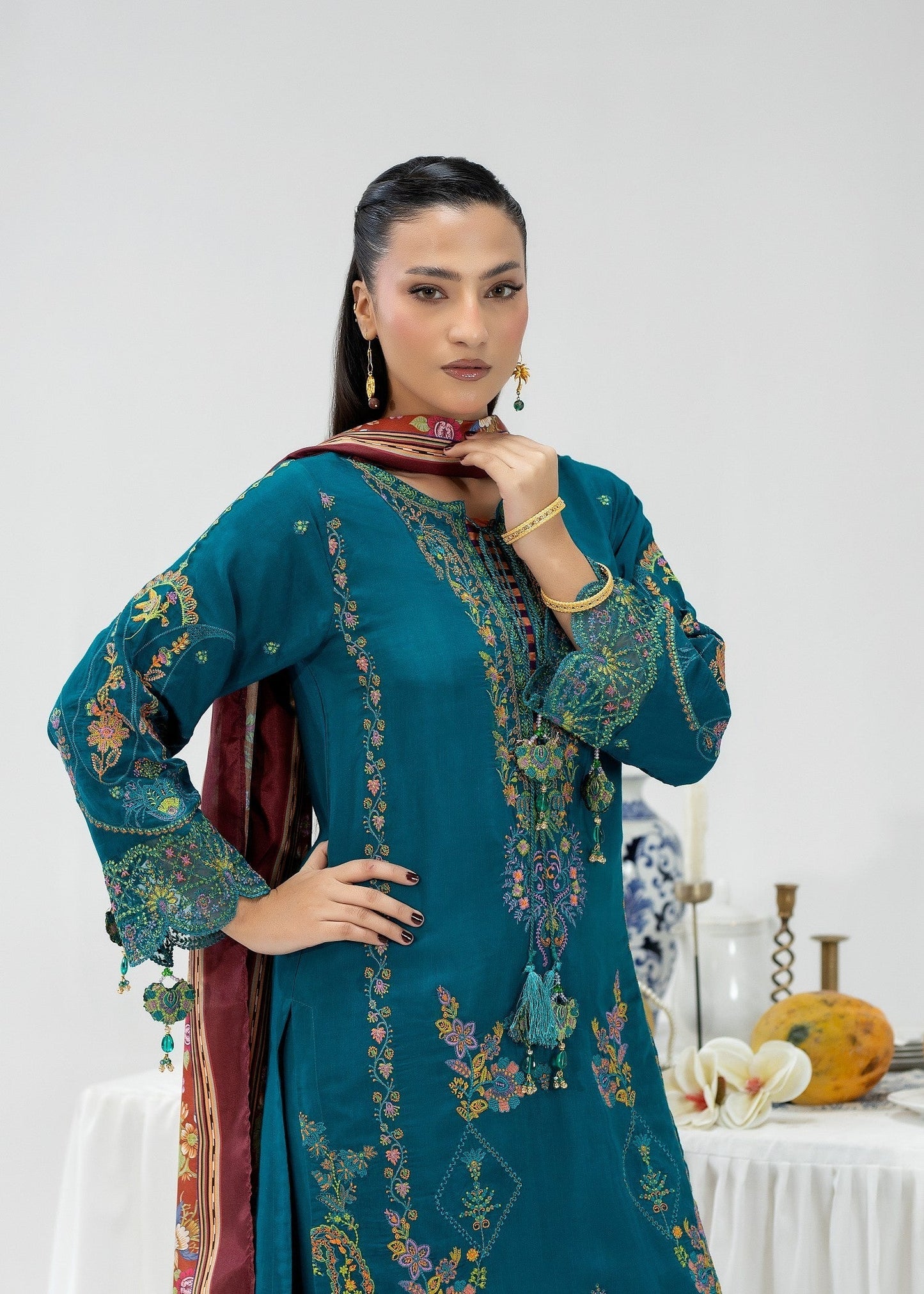 Festive Teal Embroidered Silk Salwar Suit Online in Dubai UAE Abudhabi Ajman Sharjah