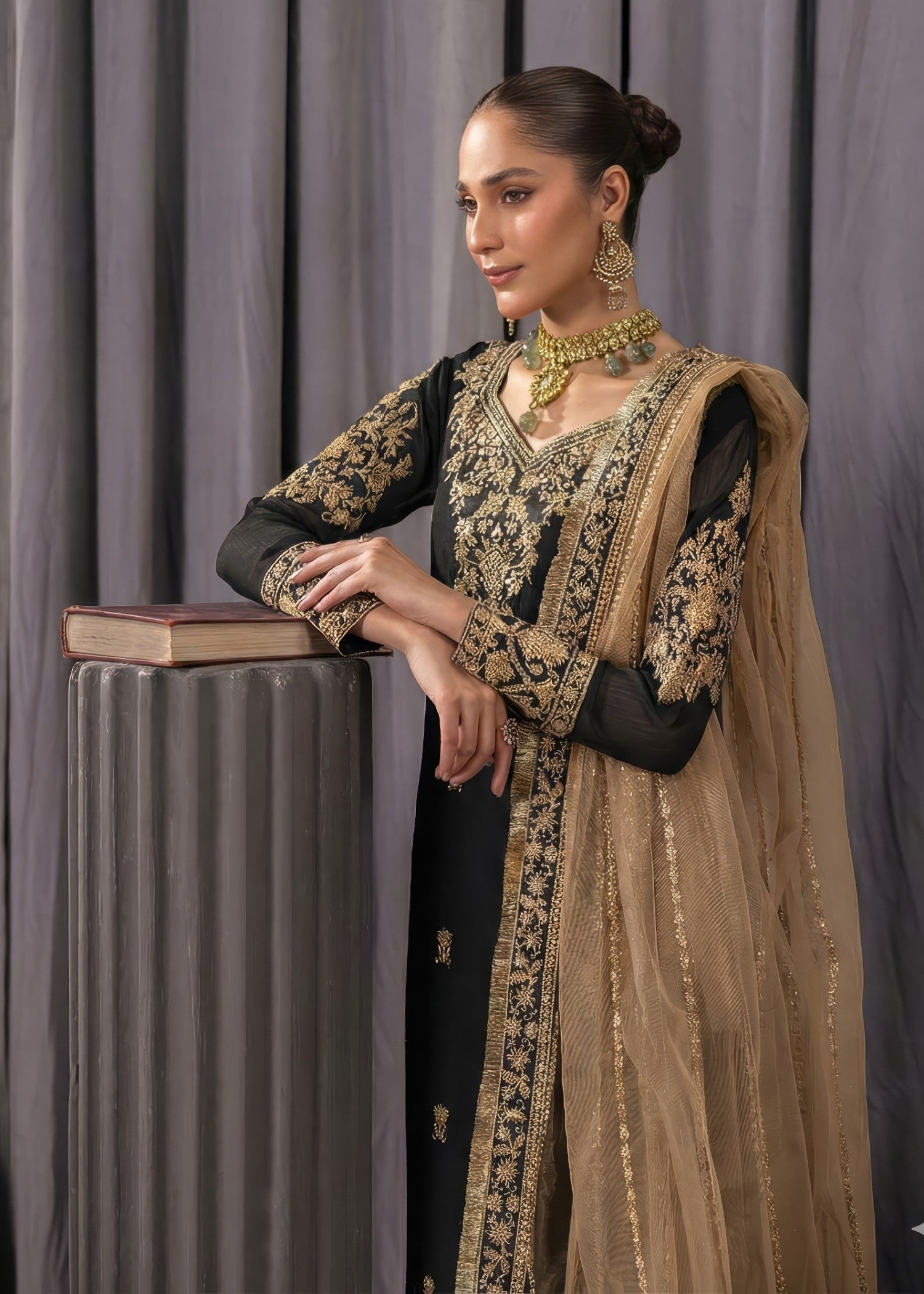 Festive Wear Beige Black Embroidered Chiffon Suit Online in Sri Lanka India Australia