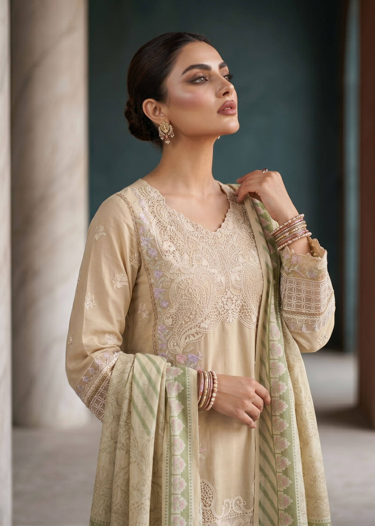 Festive Wear Beige Embroidered Lawn Dress Material Online in Dubai UAE Abudhabi Ajman Sharjah
