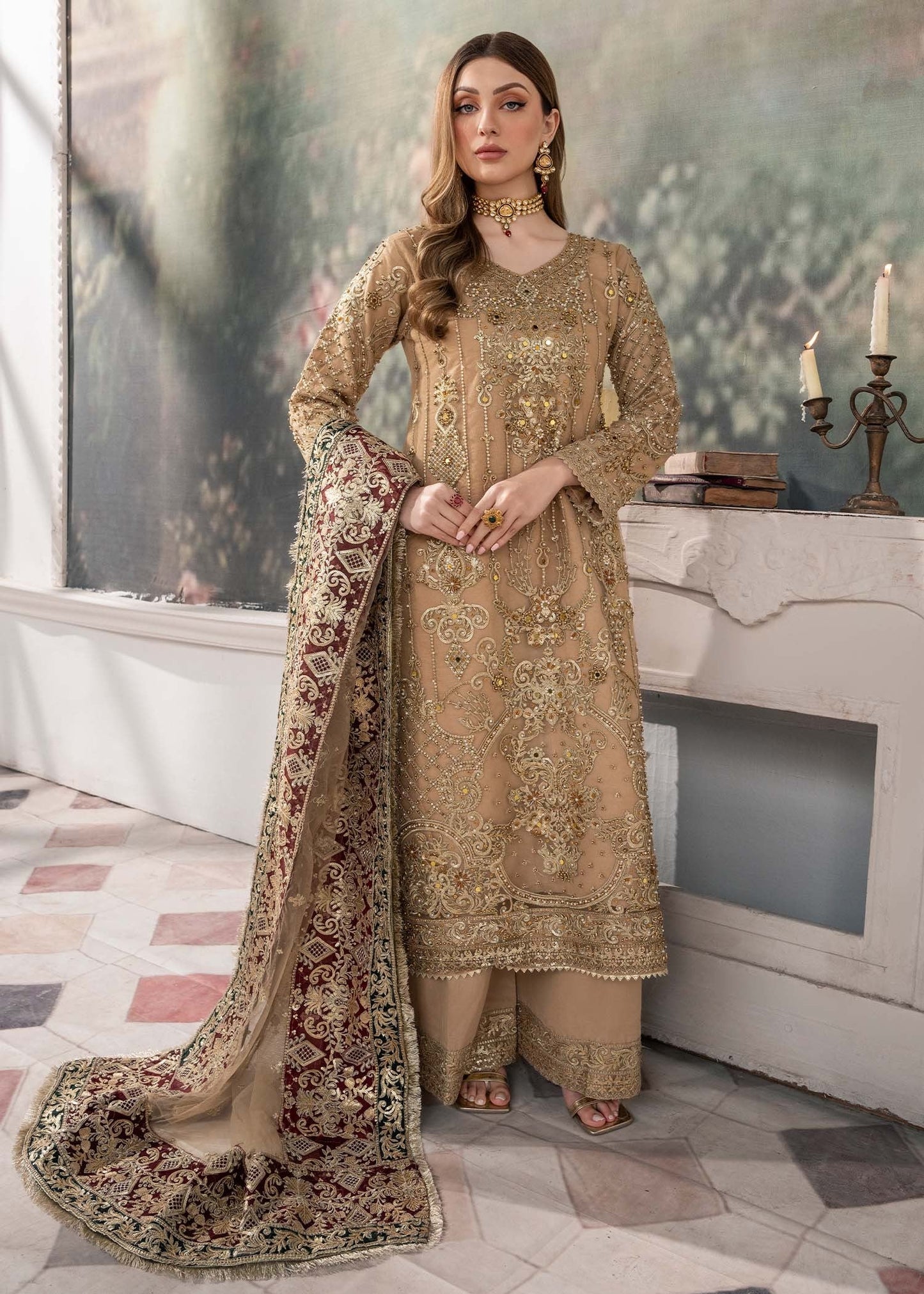 Festive Wear Beige Net Embroidered 3 Piece Suit Online in Sri Lanka India Australia