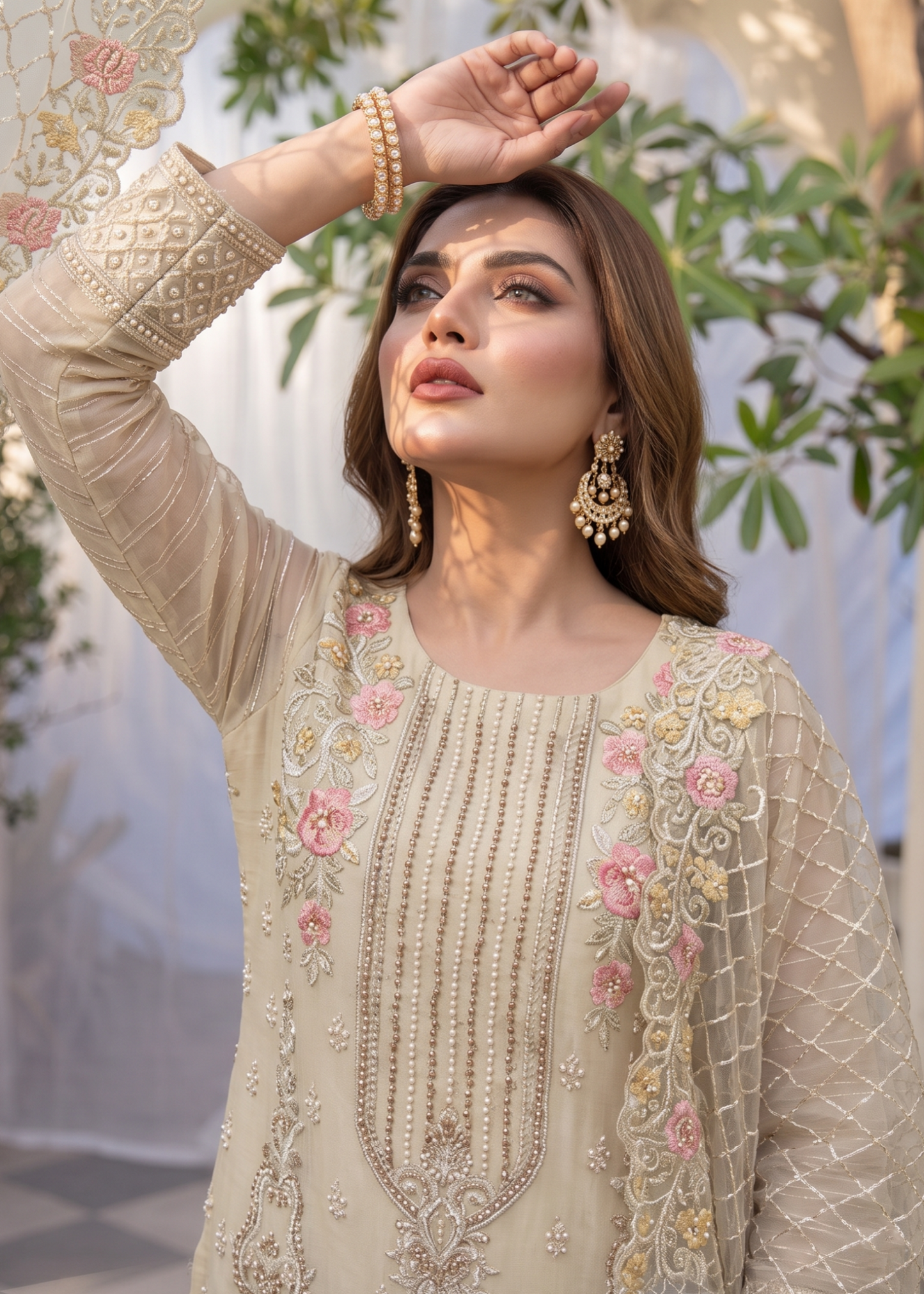 Festive Wear Beige Organza Pakistani Suit Online in Sri Lanka India Australia